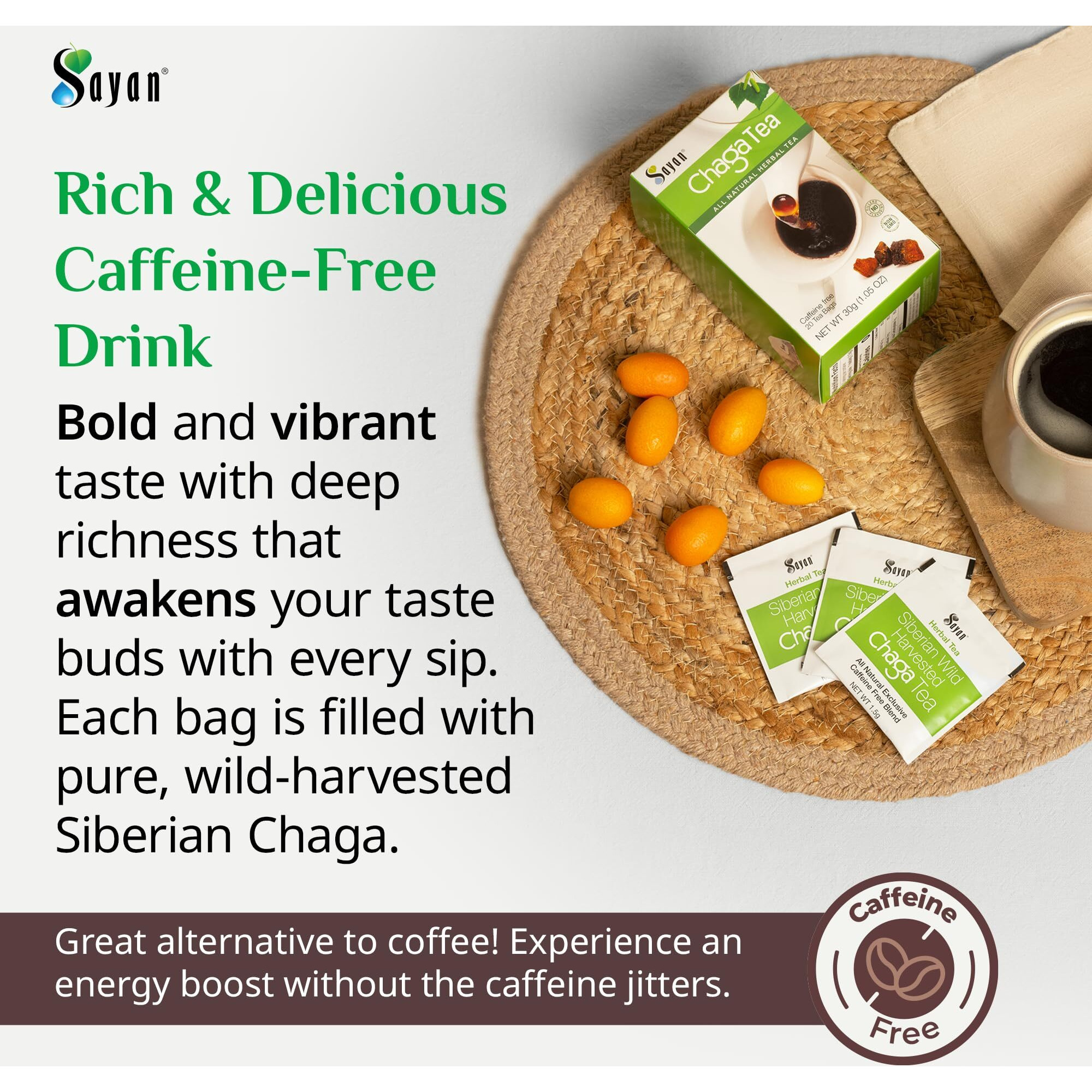 Sayan Siberian Chaga Mushroom Tea 1.05 Oz / 30G - 20 Unbleached Bags, Wild Harvested Organic Antioxidant No Caffeine. Raw And Extract Blend. Immune, Digestion Support. Detox, Focus Energy Boost