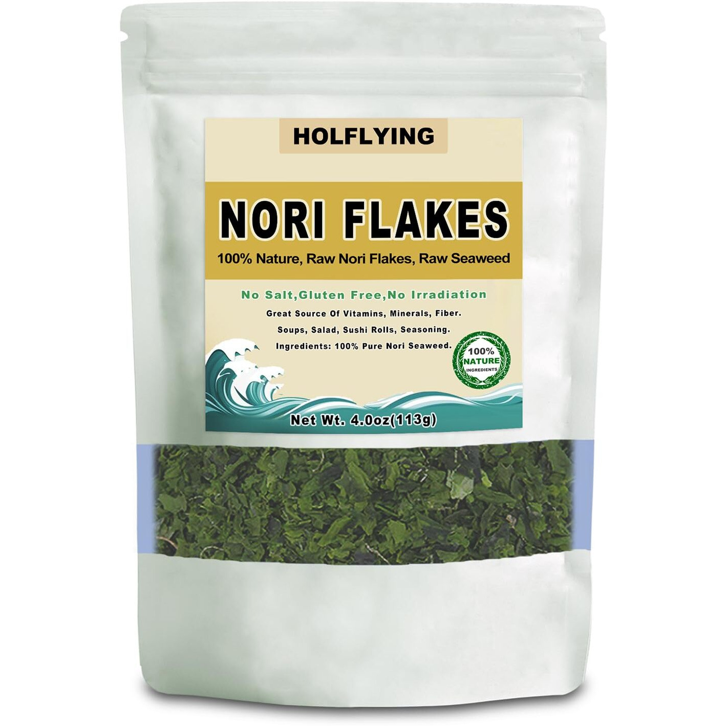 Holflying 100% Natural Nori Flakes, Dried Nori Seaweed, Pure And Raw, 4.0Oz(113G)