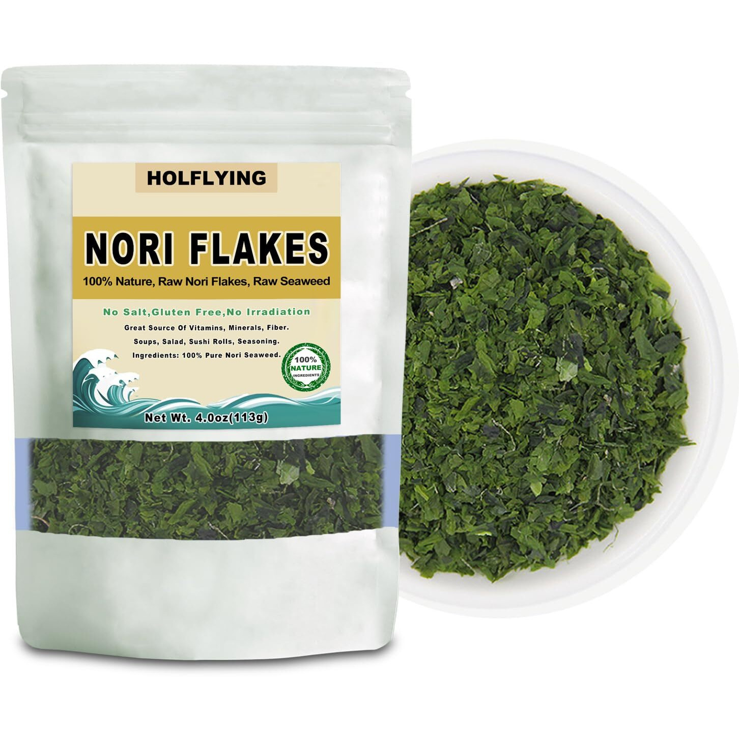 Holflying 100% Natural Nori Flakes, Dried Nori Seaweed, Pure And Raw, 4.0Oz(113G)