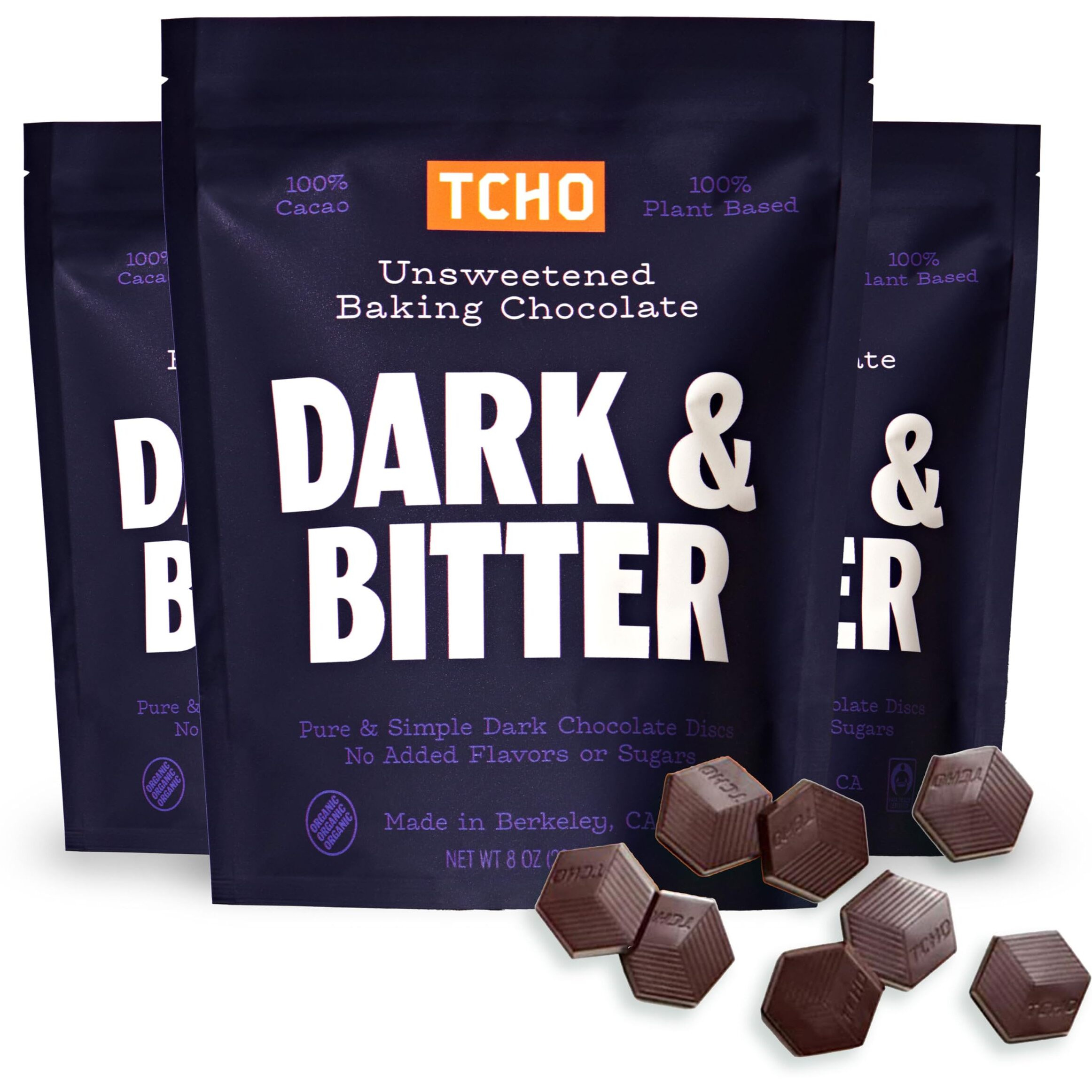 Tcho Dark & Bitter 100% Unsweetened Dark Chocolate Baking Couvertures (3 Bag) | Organic & Fair Trade Certified | Non Gmo, Non-Dairy, Vegan, Soy Free (8Oz Each)