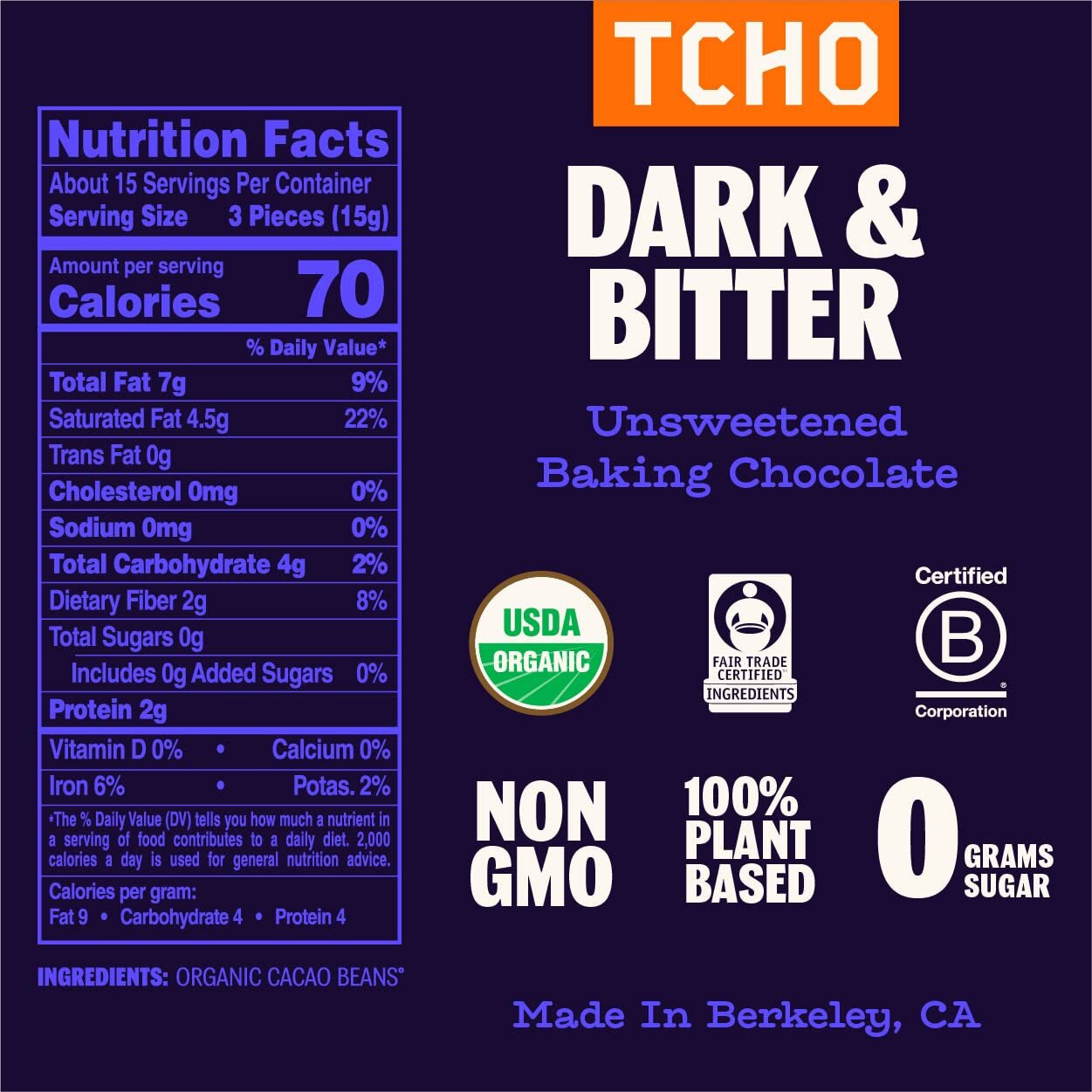 Tcho Dark & Bitter 100% Unsweetened Dark Chocolate Baking Couvertures (3 Bag) | Organic & Fair Trade Certified | Non Gmo, Non-Dairy, Vegan, Soy Free (8Oz Each)