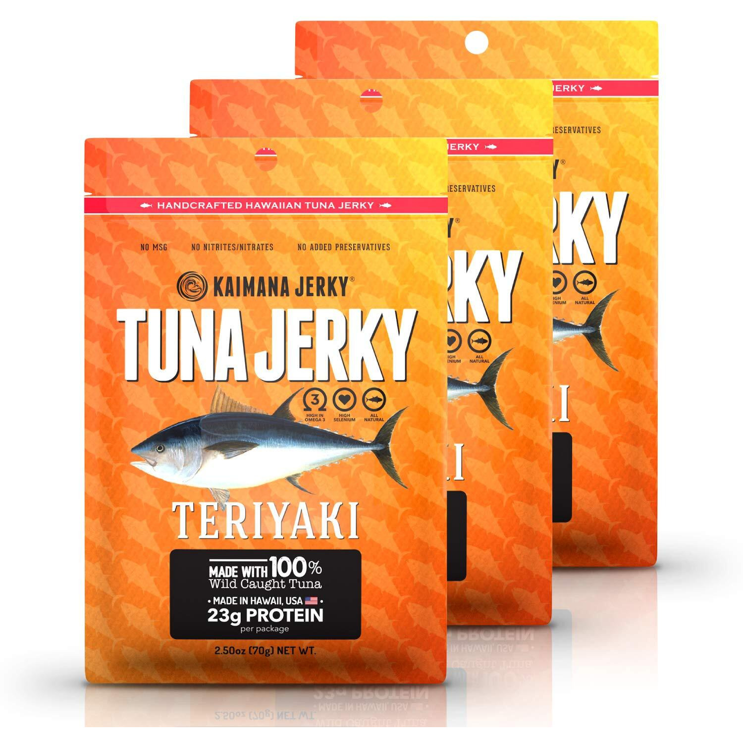 Kaimana Wild-Caught Ahi Tuna Jerky - Teriyaki | Rich In Omega-3S & High In Protein | All-Natural & Organic Fish Jerky (3 Pack, 2 Oz)