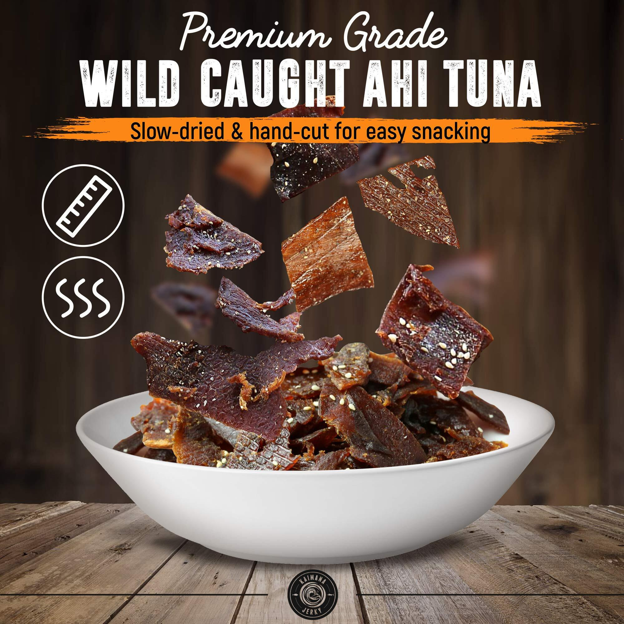 Kaimana Wild-Caught Ahi Tuna Jerky - Teriyaki | Rich In Omega-3S & High In Protein | All-Natural & Organic Fish Jerky (3 Pack, 2 Oz)