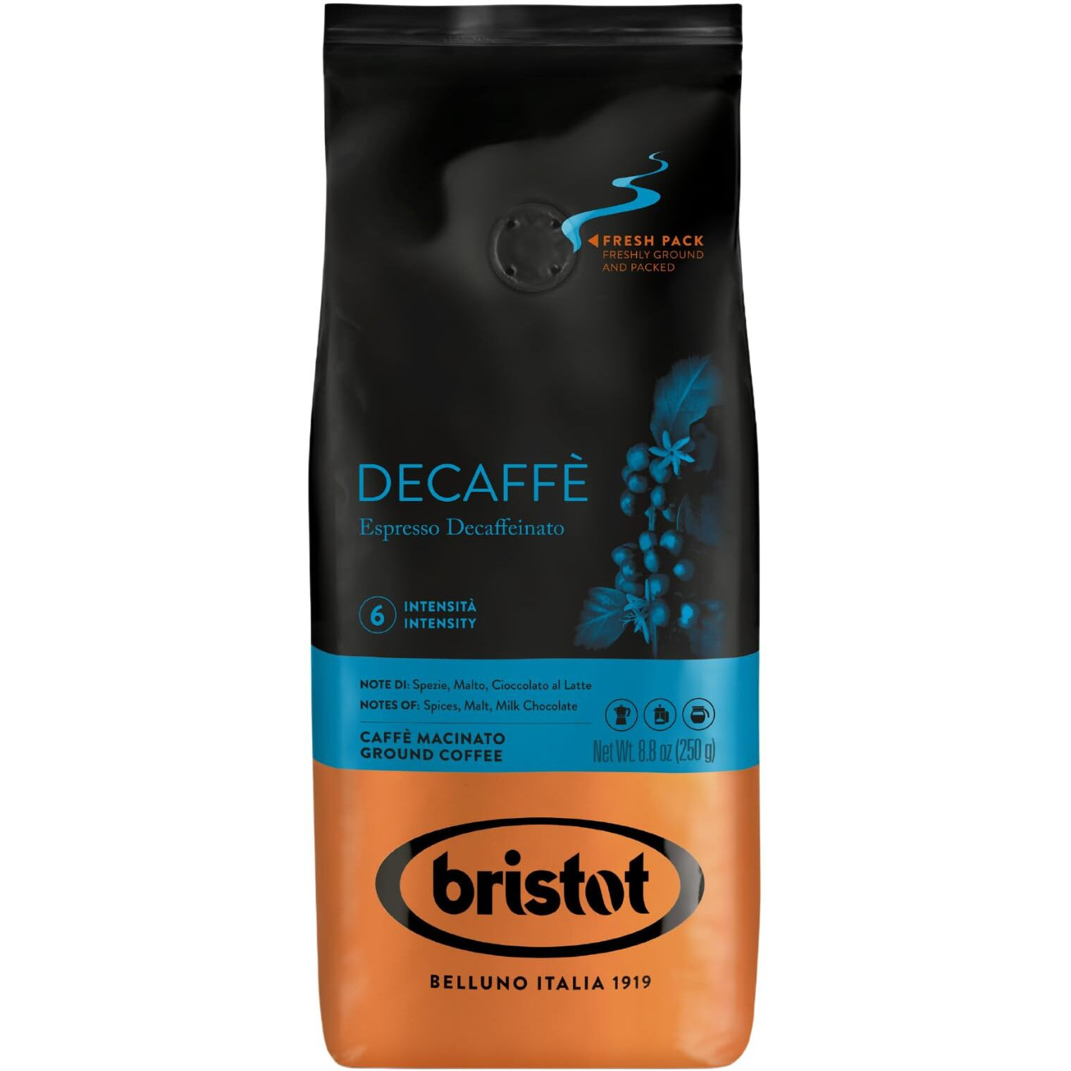 Bristot Decaf Italian Espresso Ground Coffee | Italian Decaf Espresso Grind | Medium Roast | 8.8Oz/250G