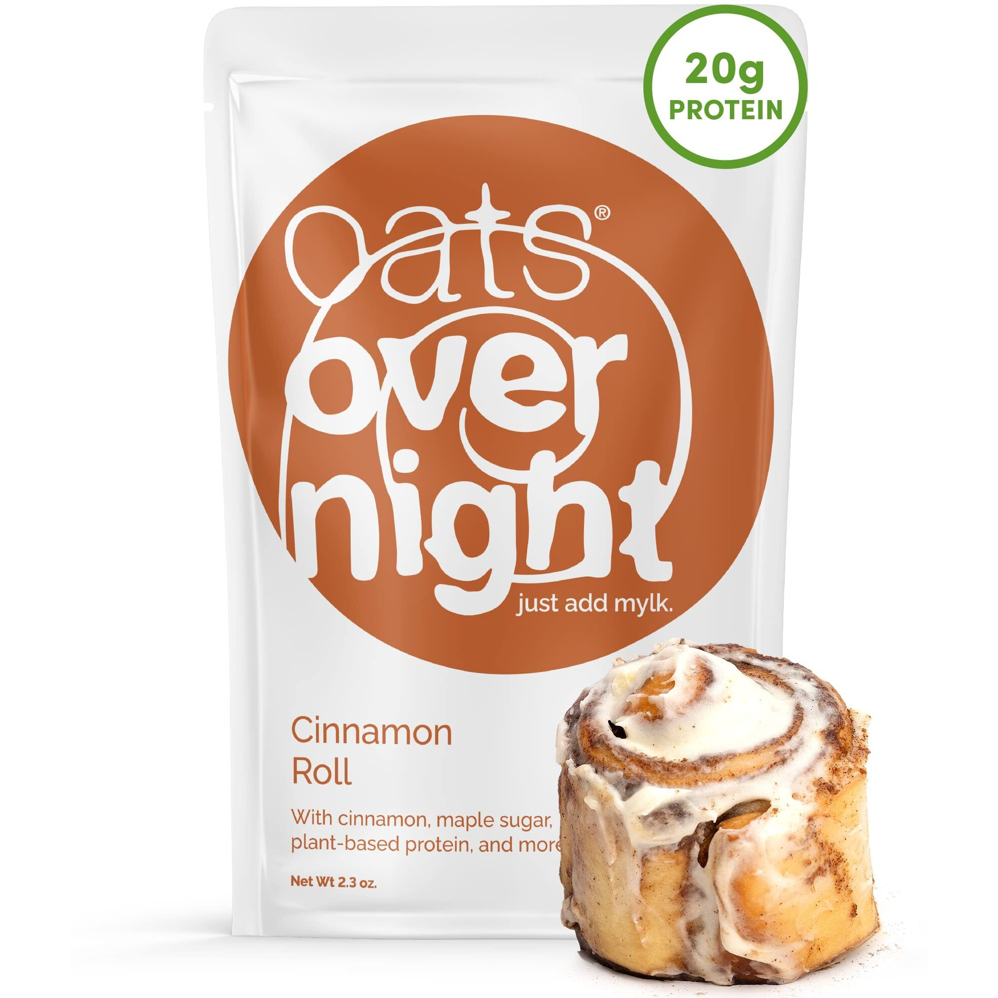 Oats Overnight Cinnamon Roll - Vegan Overnight Oats With 20G Protein, High Fiber Breakfast Protein Shake - Gluten Free Oatmeal, Non Gmo High Protein Oatmeal (2.3 Oz Per Meal) (24 Pack)