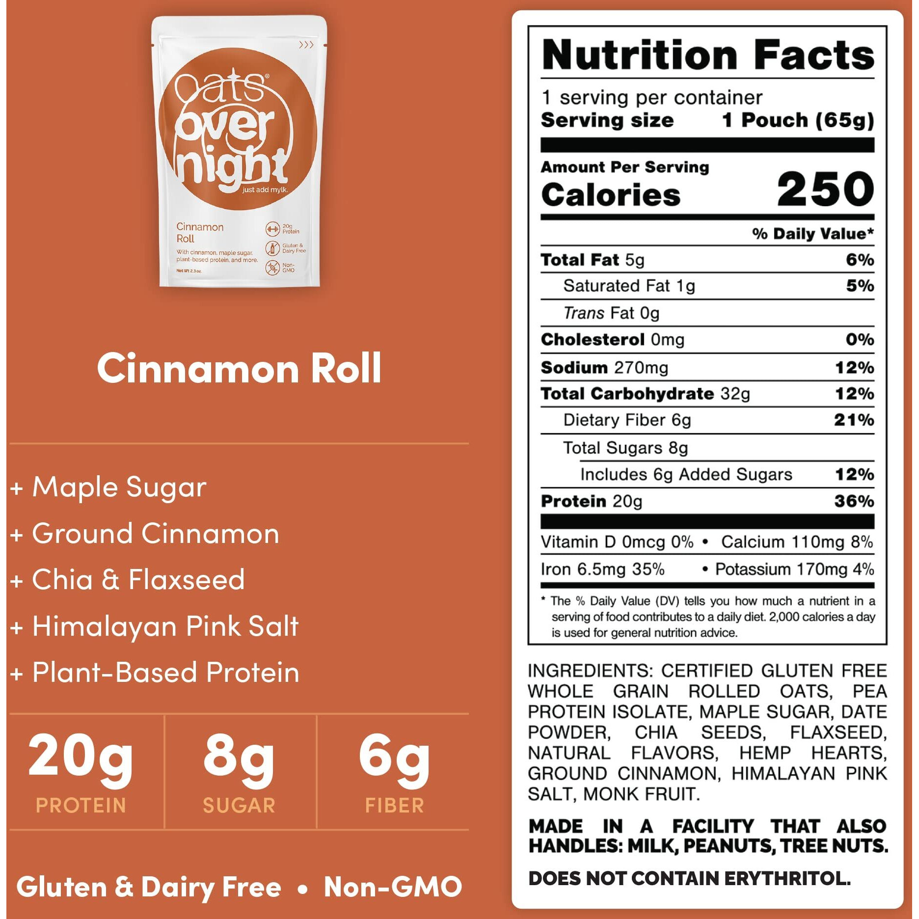 Oats Overnight Cinnamon Roll - Vegan Overnight Oats With 20G Protein, High Fiber Breakfast Protein Shake - Gluten Free Oatmeal, Non Gmo High Protein Oatmeal (2.3 Oz Per Meal) (24 Pack)