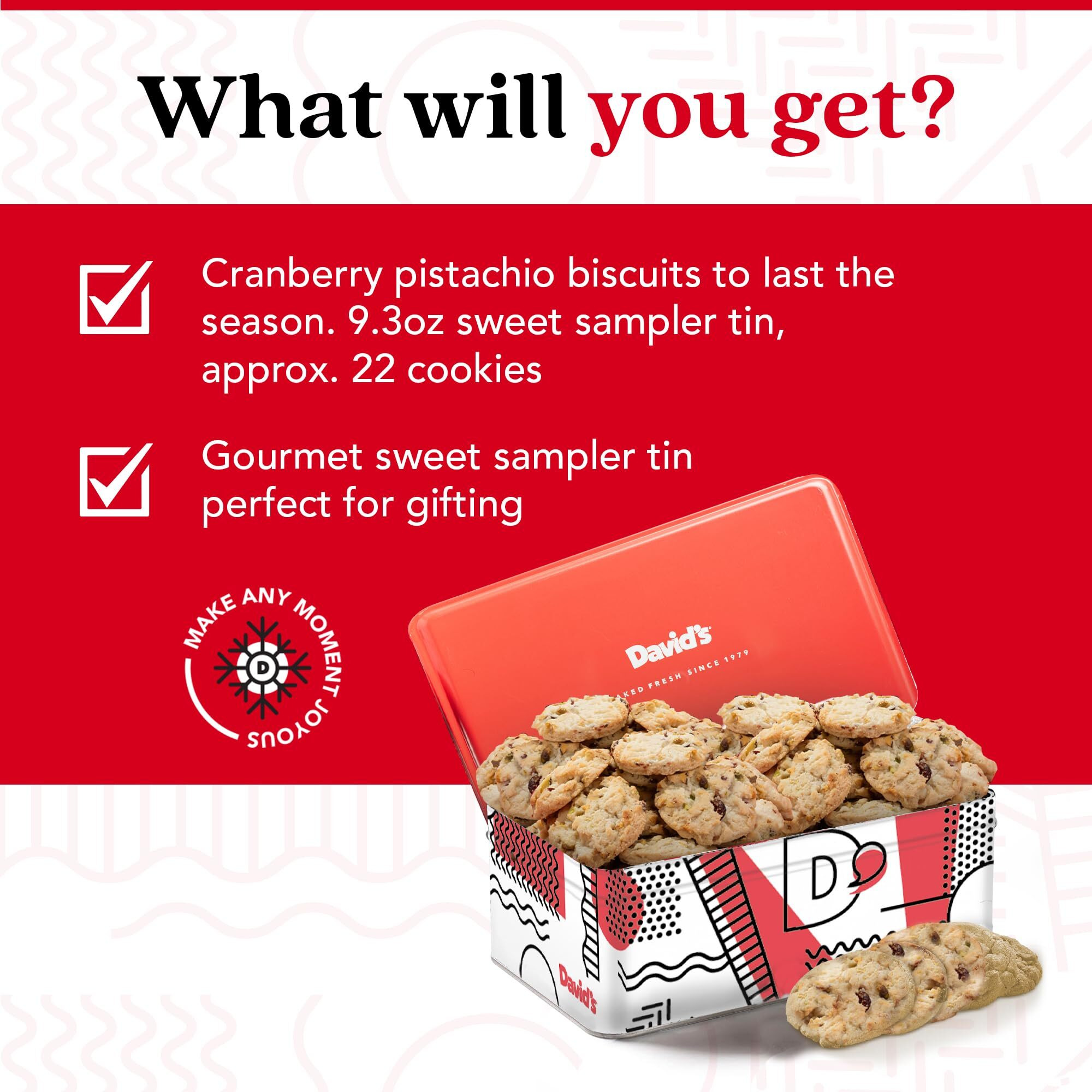 David's Cookies Cranberry Pistachio Biscuits Sweet Sampler Tin - Irresistible Crunch, Snacks And Bakery Treats - Ideal For Snacking And Gifting - Delicious Gourmet Food Gift For All Occasions 9.3Oz