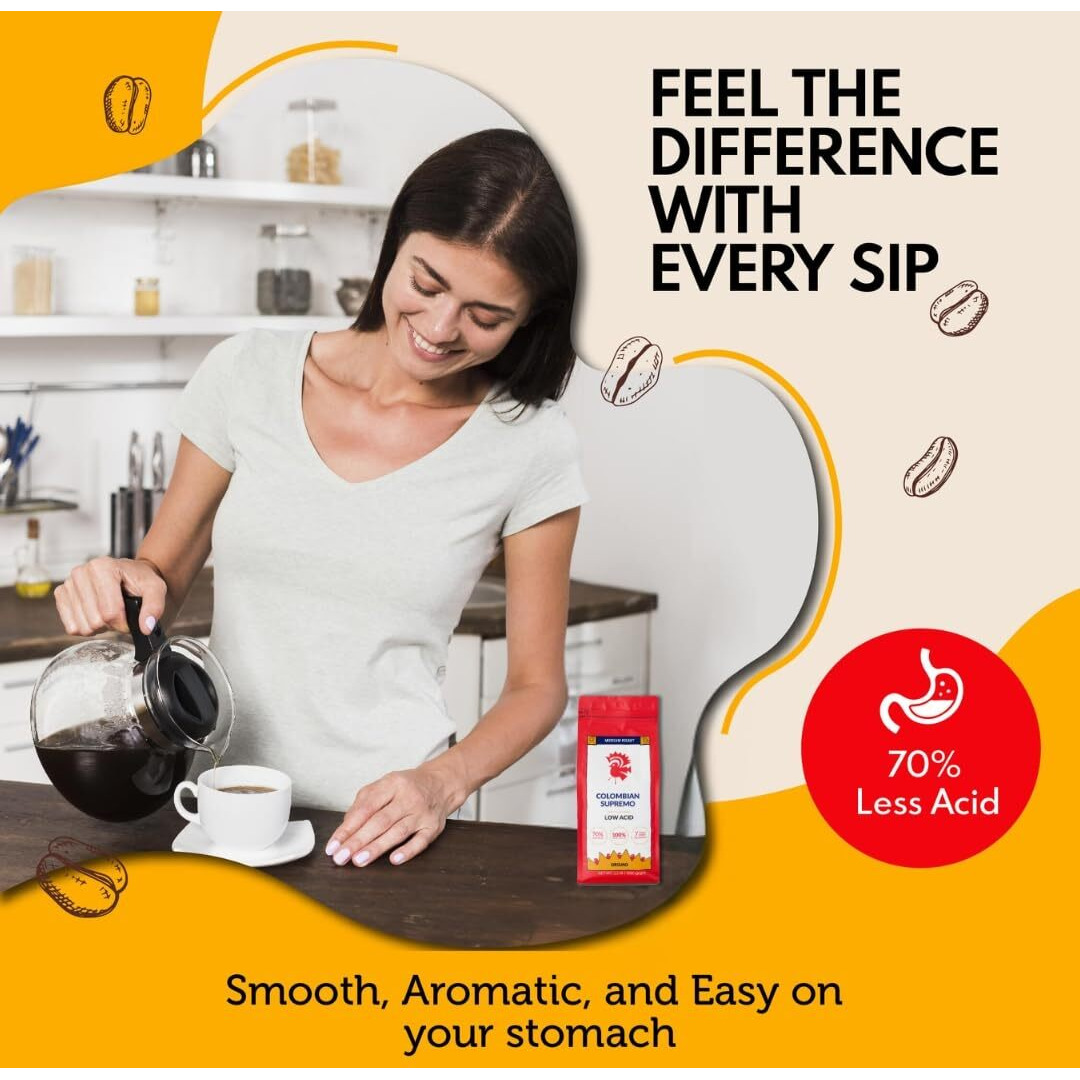 Puroast Low Acid Coffee Ground Colombian Supremo, Medium Roast, Certified Low Acid Coffee, 5.5+ Ph, Gut Health, 2.2 Lb, Higher Antioxidant, Smooth For Espresso, Iced Coffee