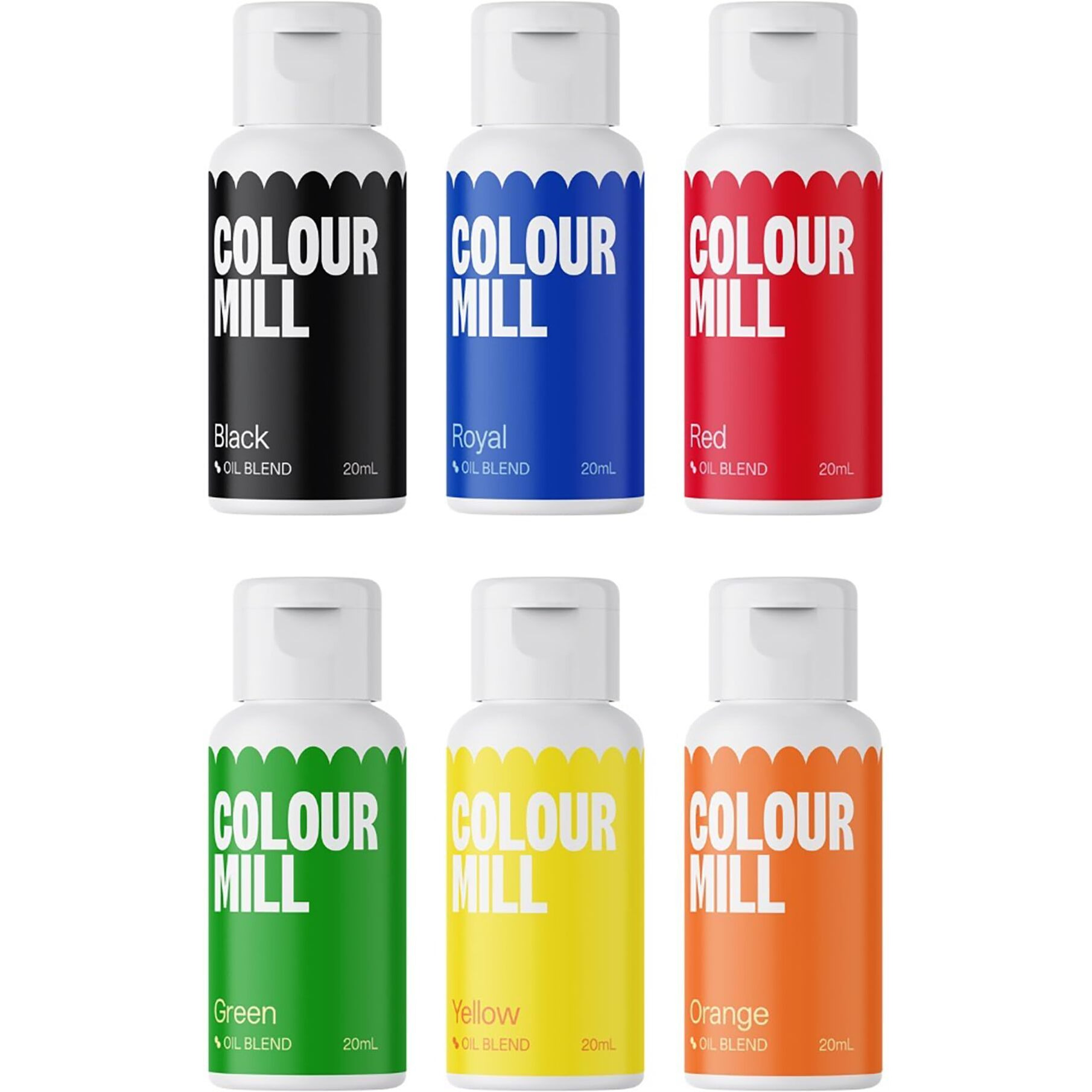 Colour Mill Oil-Based Food Coloring, 20 Milliliters Each Of 6 Colors Black, Royal, Red, Green, Yellow And Orange