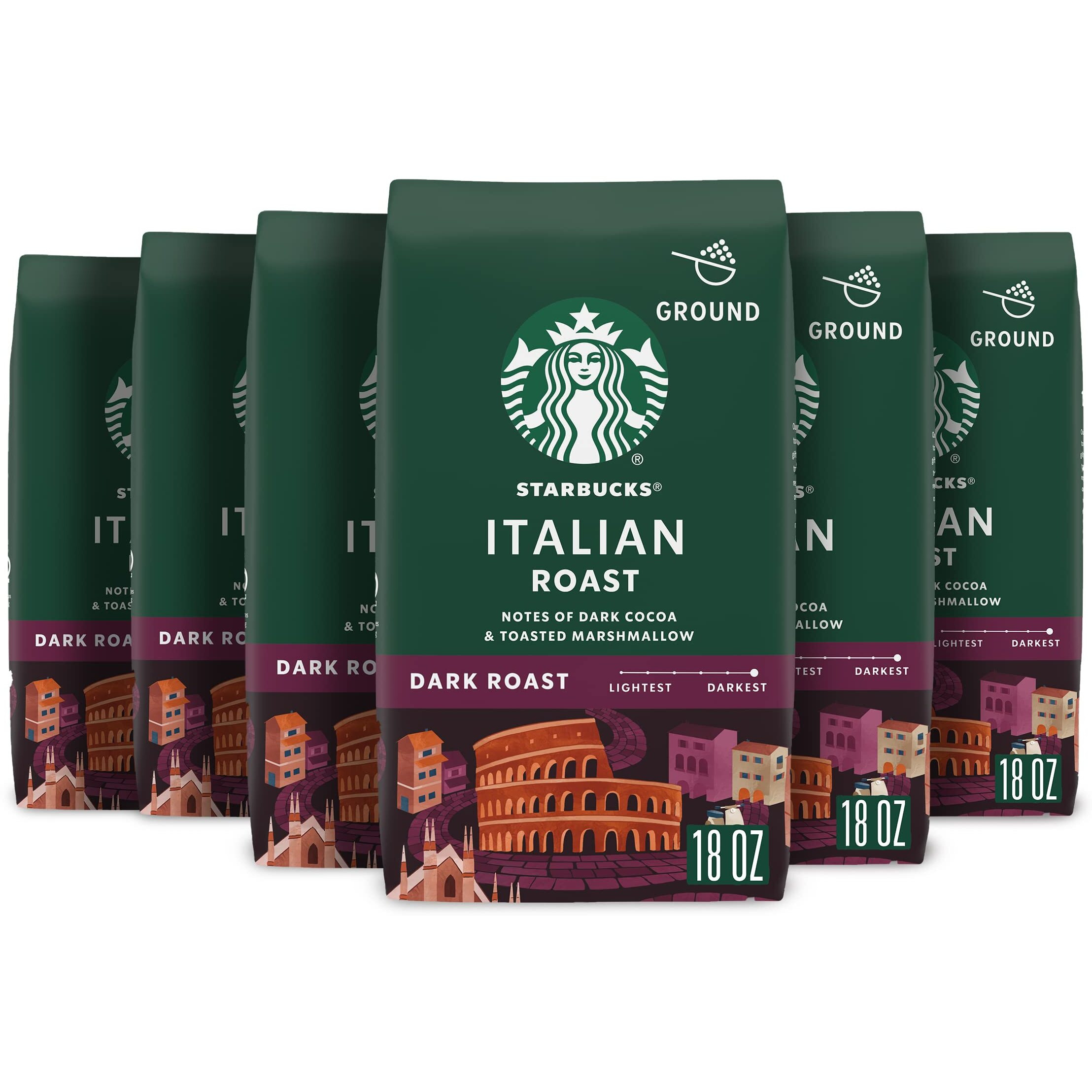 Starbucks Ground Coffee, Dark Roast Coffee, Italian Roast, 100% Arabica, 6 Bags (18 Oz Each)