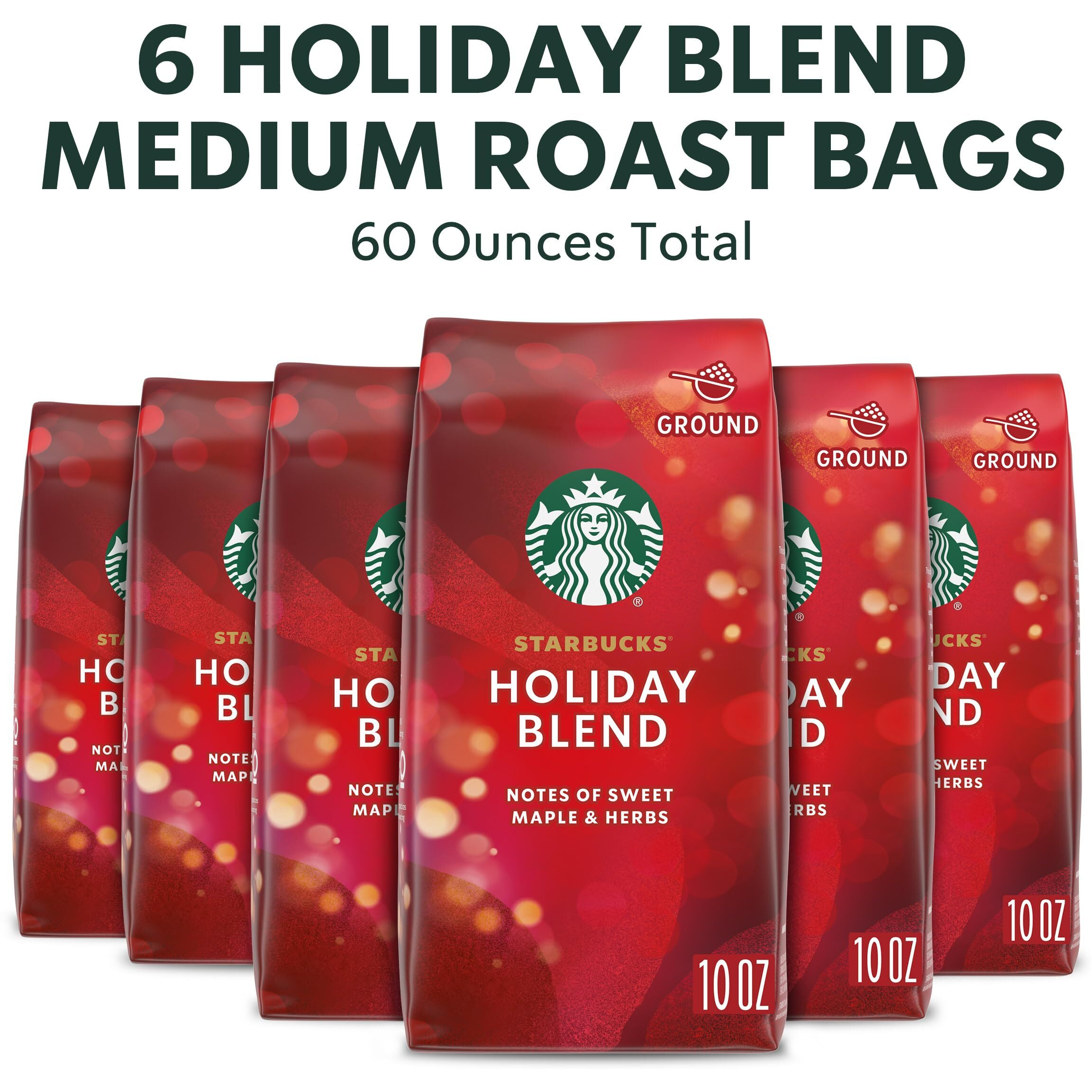 Starbucks Ground Coffee, Medium Roast Coffee, Holiday Blend, 100% Arabica, Limited Edition Holiday Coffee, 6 Bags (10 Oz Each)