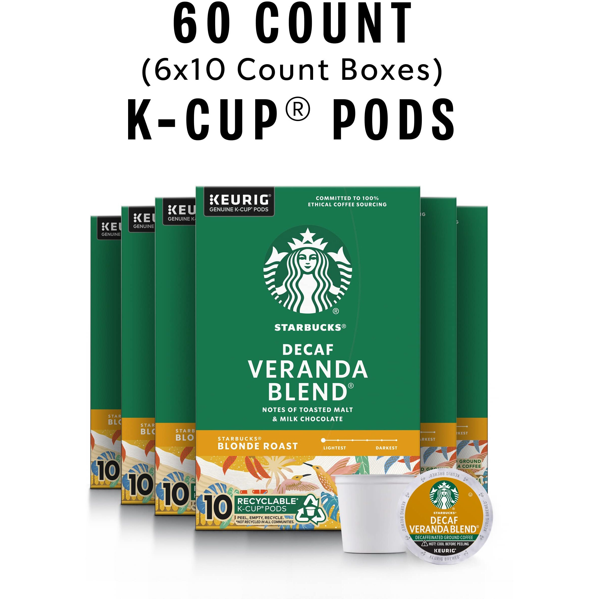 Starbucks K-Cup Coffee Pods, Starbucks Blonde Roast Coffee, Decaf Veranda Blend, 100% Arabica, 6 Boxes (60 Pods Total)