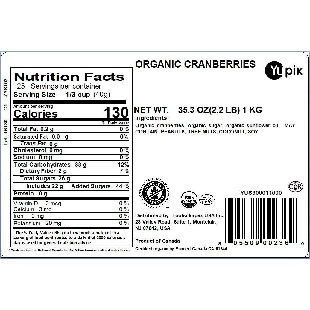 Yupik Organic Cranberries, 2.2 Lb, Non-Gmo, Gluten-Free, Kosher, Vegan, Sweetened Dried Fruits, Fruity & Tart, Plump & Chewy, Source Of Fiber, Healthy Snacks, Ideal For Baking & Topping