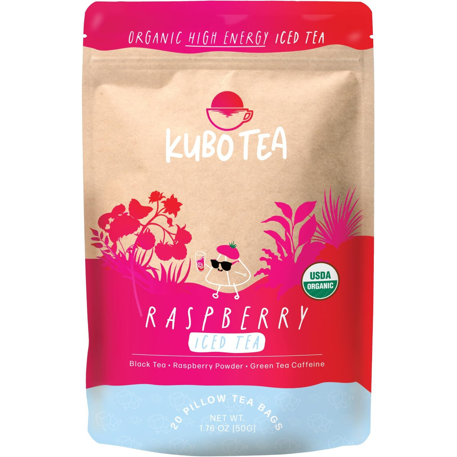 Kubo Tea, Organic High Energy Ice Tea, High Caffeine Blend, 20 Servings (155Mg Caffeine Each), Pillow Tea Bags, Kraft Packaging, Healthy Coffee Substitute (Raspberry)
