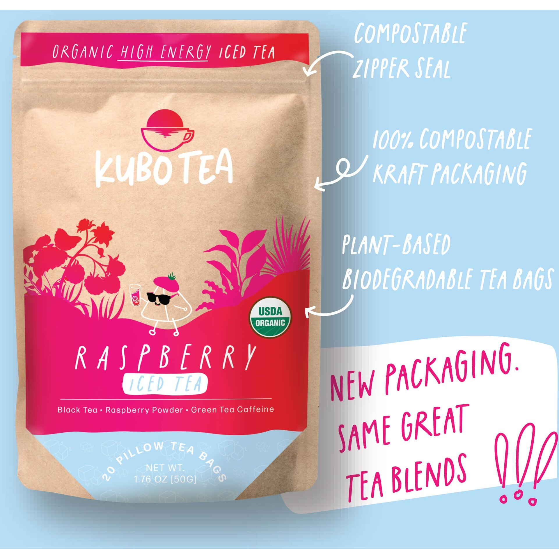 Kubo Tea, Organic High Energy Ice Tea, High Caffeine Blend, 20 Servings (155Mg Caffeine Each), Pillow Tea Bags, Kraft Packaging, Healthy Coffee Substitute (Raspberry)