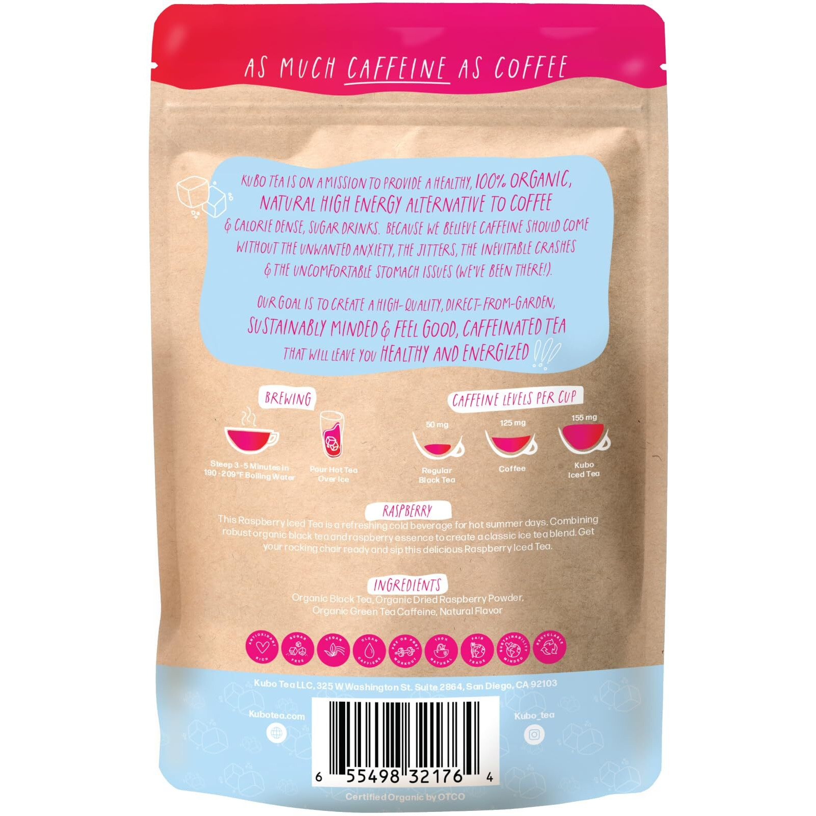 Kubo Tea, Organic High Energy Ice Tea, High Caffeine Blend, 20 Servings (155Mg Caffeine Each), Pillow Tea Bags, Kraft Packaging, Healthy Coffee Substitute (Raspberry)