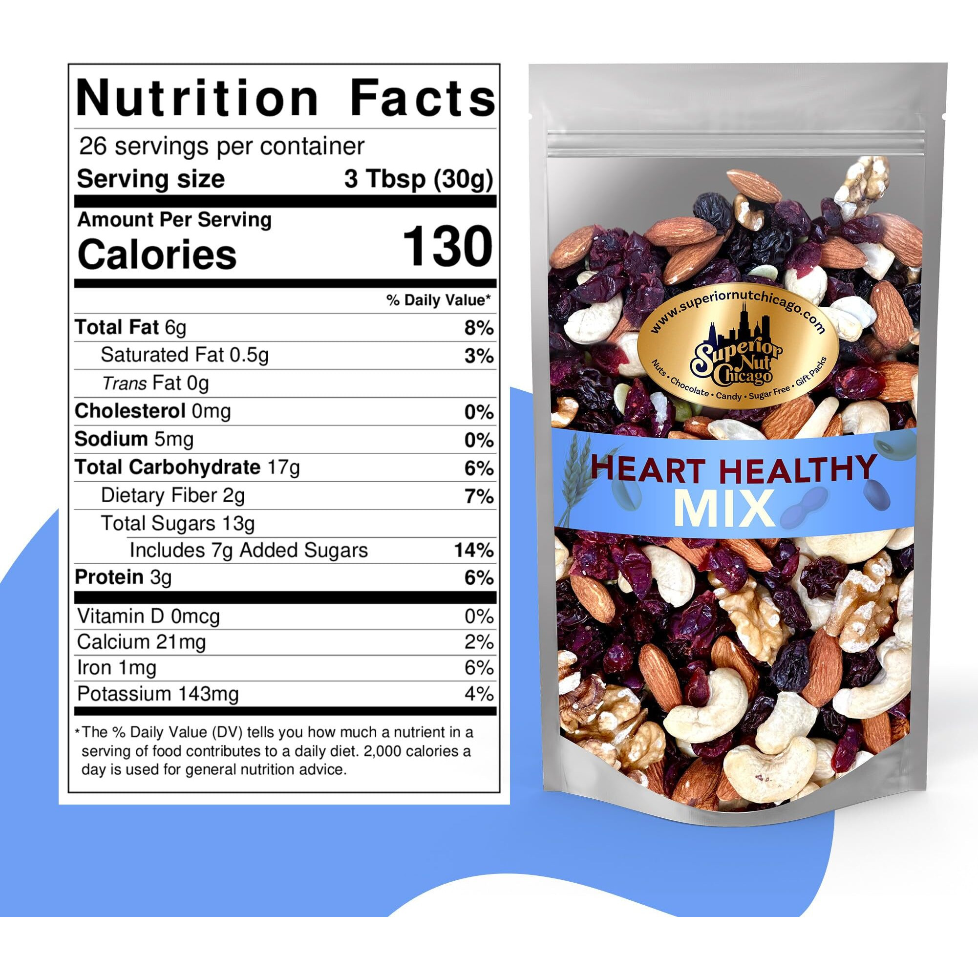 Superior Nut Chicago Heart Healthy Mix - Trail Mix Nuts - Nut Mix W/ Cashews, Almonds, Walnuts, Dried Cranberries & Raisins - Rich In Antioxidants - Gluten-Free, Keto & Paleo-Friendly - Resealable Bag (1Lb 12 Oz)