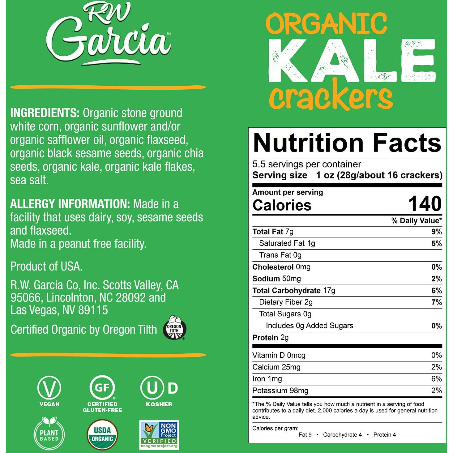 Rw Garcia Organic Kale Crackers, Gluten Free, 5.5Oz Boxes, 6 Pack