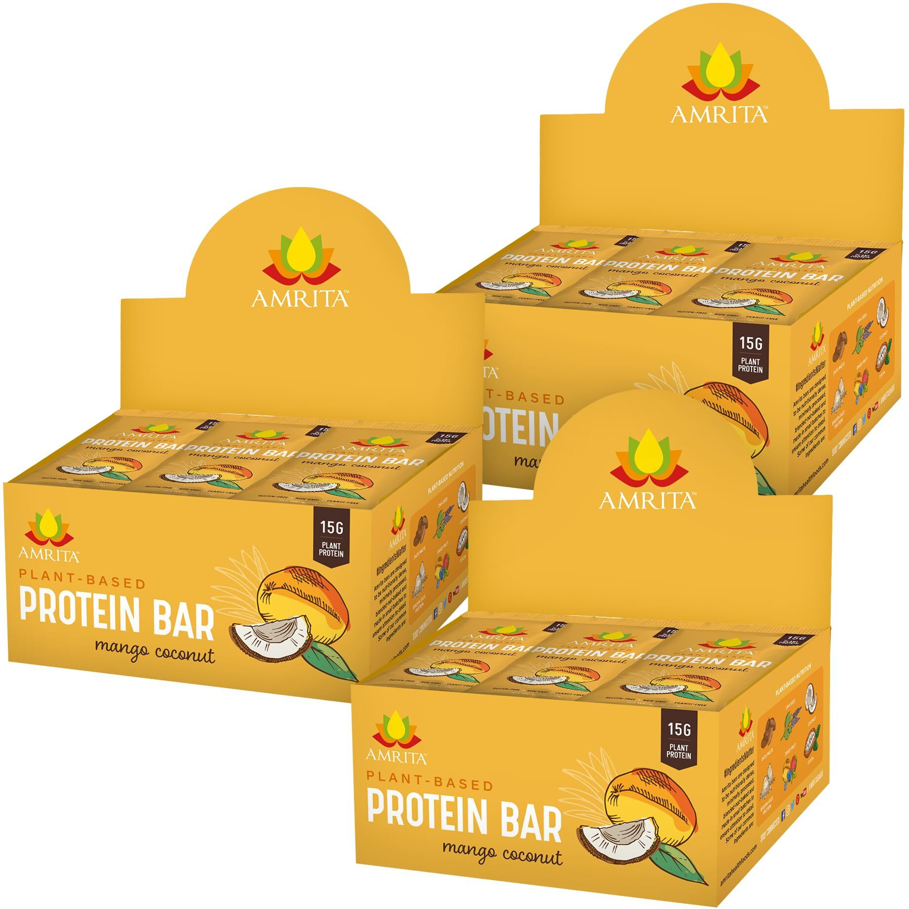 Amrita Mango Coconut Vegan Protein Bars, Peanut/Dairy Free, Soy & Gluten Free, 15G Plant Based Protein Bars, High Fiber, Low Sugar Meal Replacement Bar - Breakfast Bars
