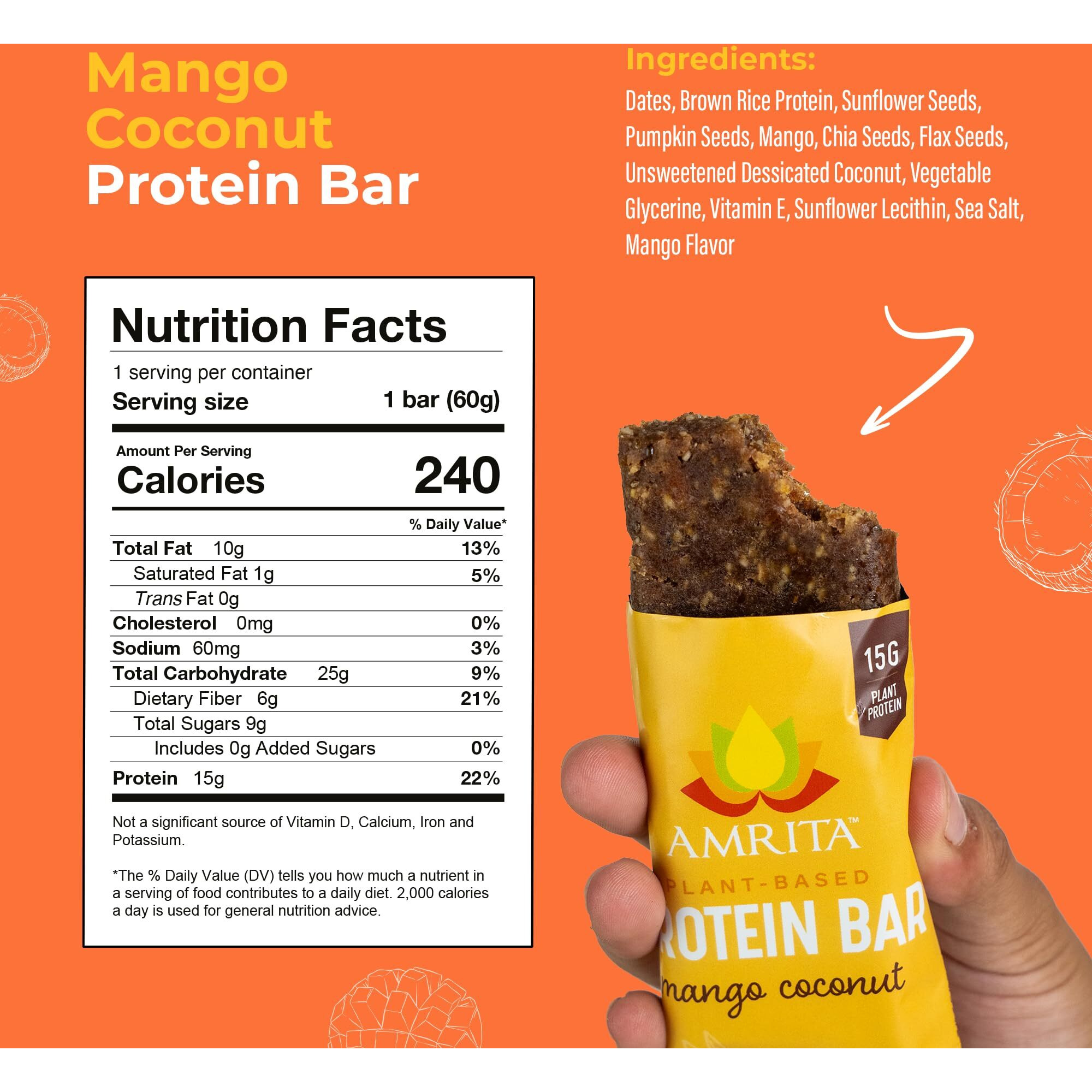 Amrita Mango Coconut Vegan Protein Bars, Peanut/Dairy Free, Soy & Gluten Free, 15G Plant Based Protein Bars, High Fiber, Low Sugar Meal Replacement Bar - Breakfast Bars