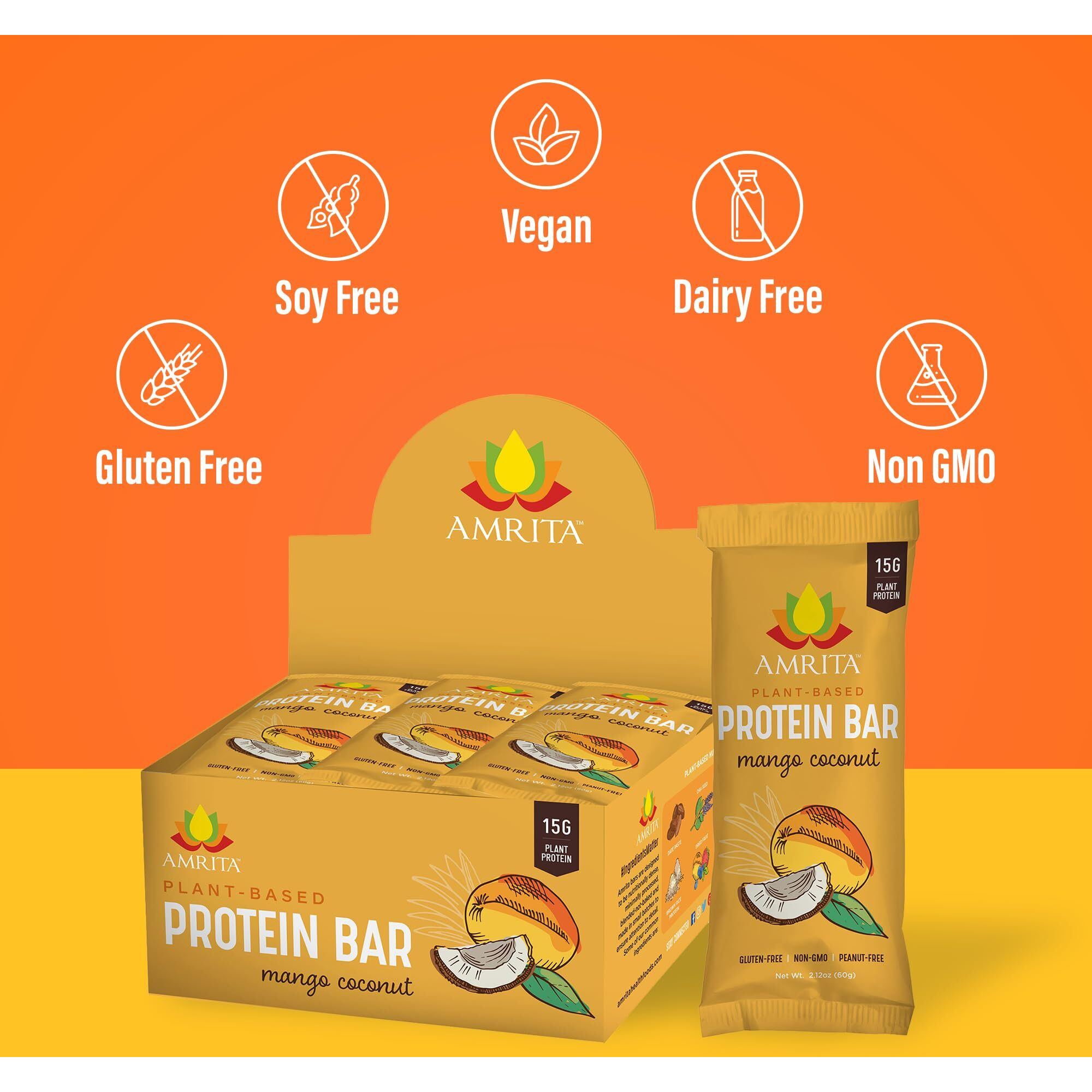 Amrita Mango Coconut Vegan Protein Bars, Peanut/Dairy Free, Soy & Gluten Free, 15G Plant Based Protein Bars, High Fiber, Low Sugar Meal Replacement Bar - Breakfast Bars