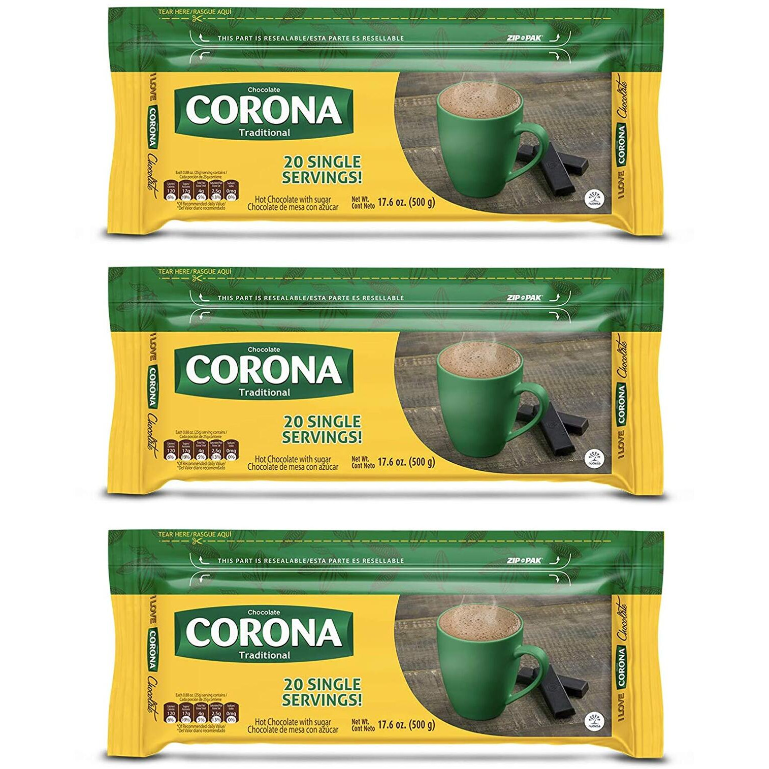 Corona Sweet Traditional Chocolate Bars, Resealable Packaging, No Cholesterol Or Trans-Fat, Delicious On-The-Go Treat, 17.6 Ounce (Pack Of 3)