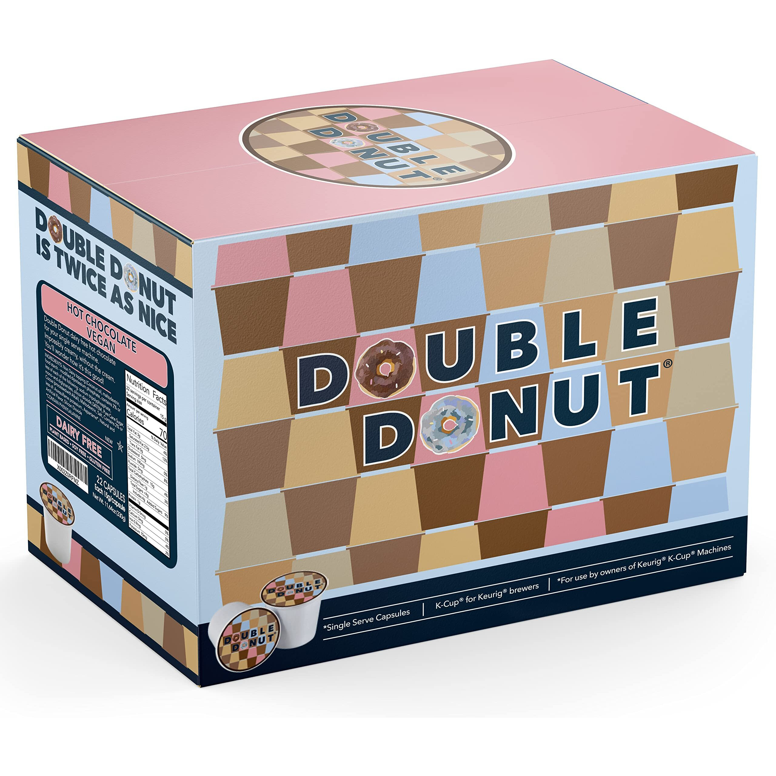 Double Donut Dairy Free Hot Chocolate Pods, Lactose Free Vegan Hot Chocolate Mix Cups For Keurig K Cup Brewers, 22 Count (Pack Of 1)