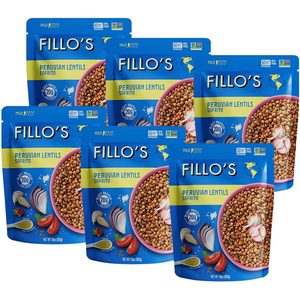 Fillo's Peruvian Lentils - Ready To Eat Lentils, Gluten-Free, Preservative-Free, Microwavable Meals, Non-Gmo, Vegan, Plant Protein, 10 Oz Pk Of 6