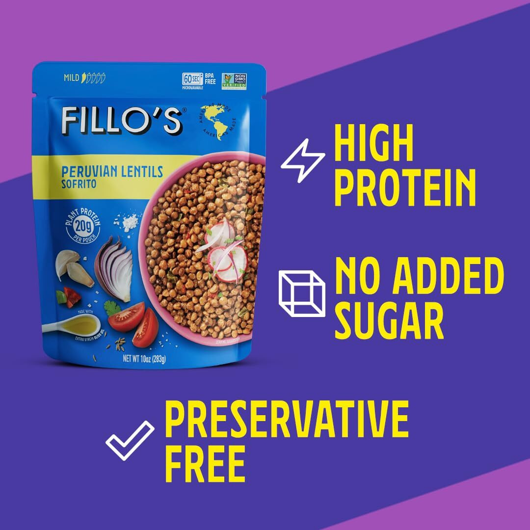 Fillo's Peruvian Lentils - Ready To Eat Lentils, Gluten-Free, Preservative-Free, Microwavable Meals, Non-Gmo, Vegan, Plant Protein, 10 Oz Pk Of 6