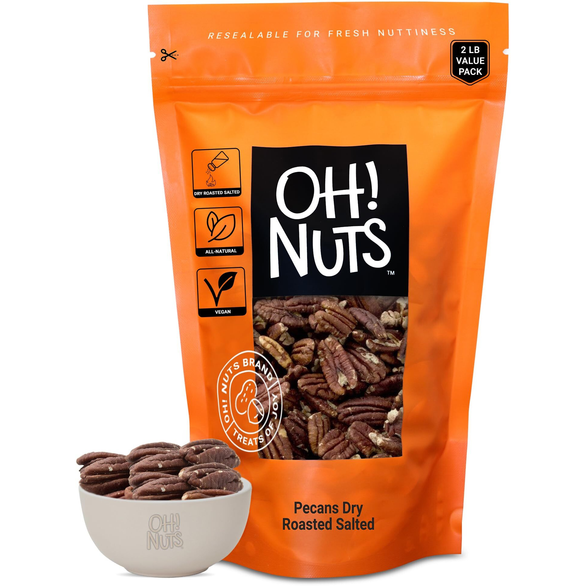 Pecans | Dry Roasted Salted | 2 Lb | Oil-Free, All Natural Pecans | Packed In New York Zip-Seal Bag For Exceptional Freshness By Oh Nuts