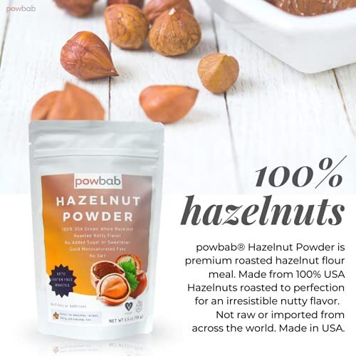 Powbab Hazelnut Powder - 100% Usa Grown Roasted Hazelnut Meal Flour. Roasted Nutty Flavor, Not Raw. Whole Food Finely Ground Hazelnut Flour For Baking. No Added Sugar Or Fillers. Gluten Free (5.5 Oz)