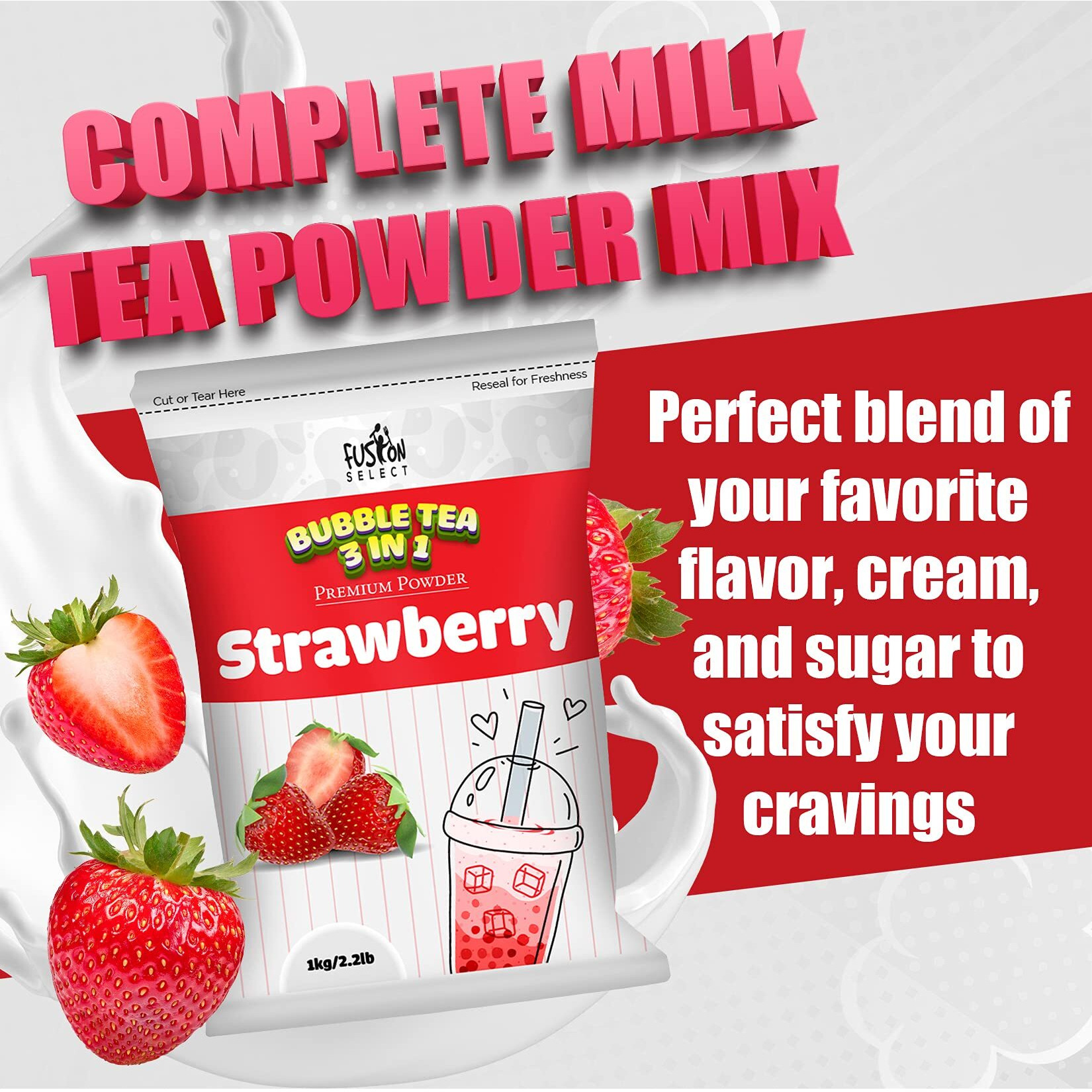 Fusion Select 2.2Lb Tea Powder Strawberry Flavored-3-In-1 Drink Powder With Cream & Sugar - Instant Pre-Mixed Beverage For Hot Or Cold Blends Or Yummy Frappes (Strawberry)
