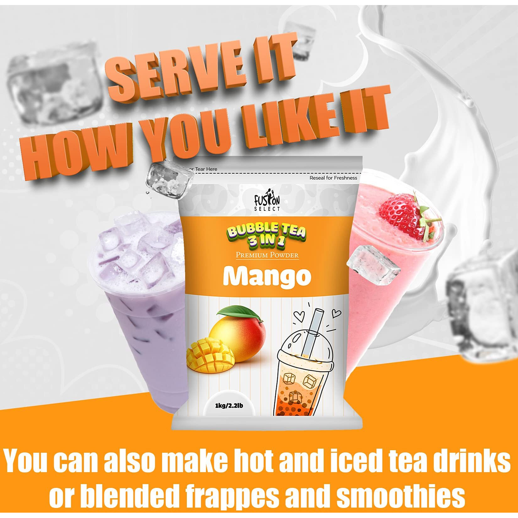 Fusion Select 2.2Lb Tea Powder Strawberry Flavored-3-In-1 Drink Powder With Cream & Sugar - Instant Pre-Mixed Beverage For Hot Or Cold Blends Or Yummy Frappes (Strawberry)