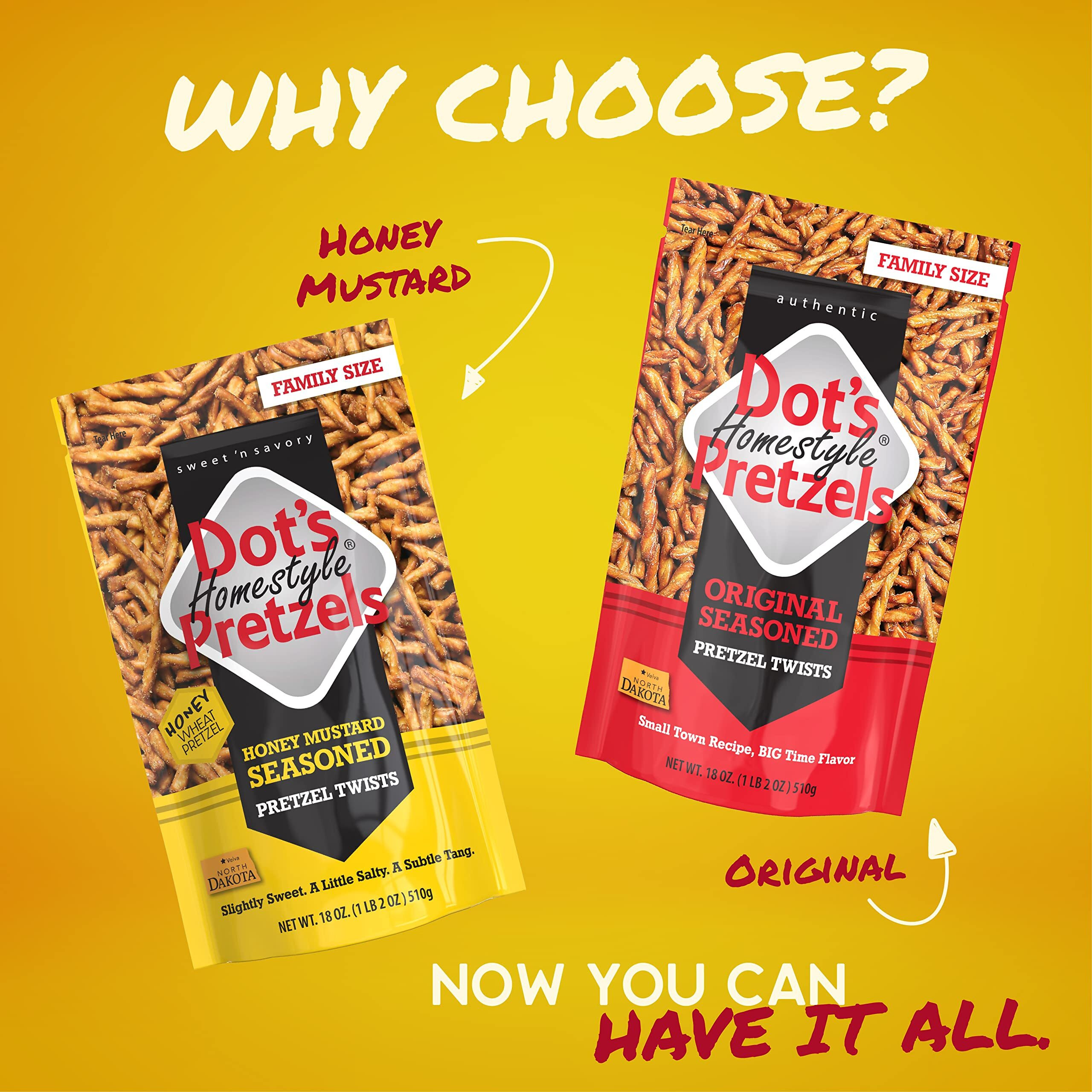 Dot's Homestyle Pretzels 18 Ounce Family Size Honey Mustard & Original Seasoned Pretzel Twists Variety Pack (2 Pack)