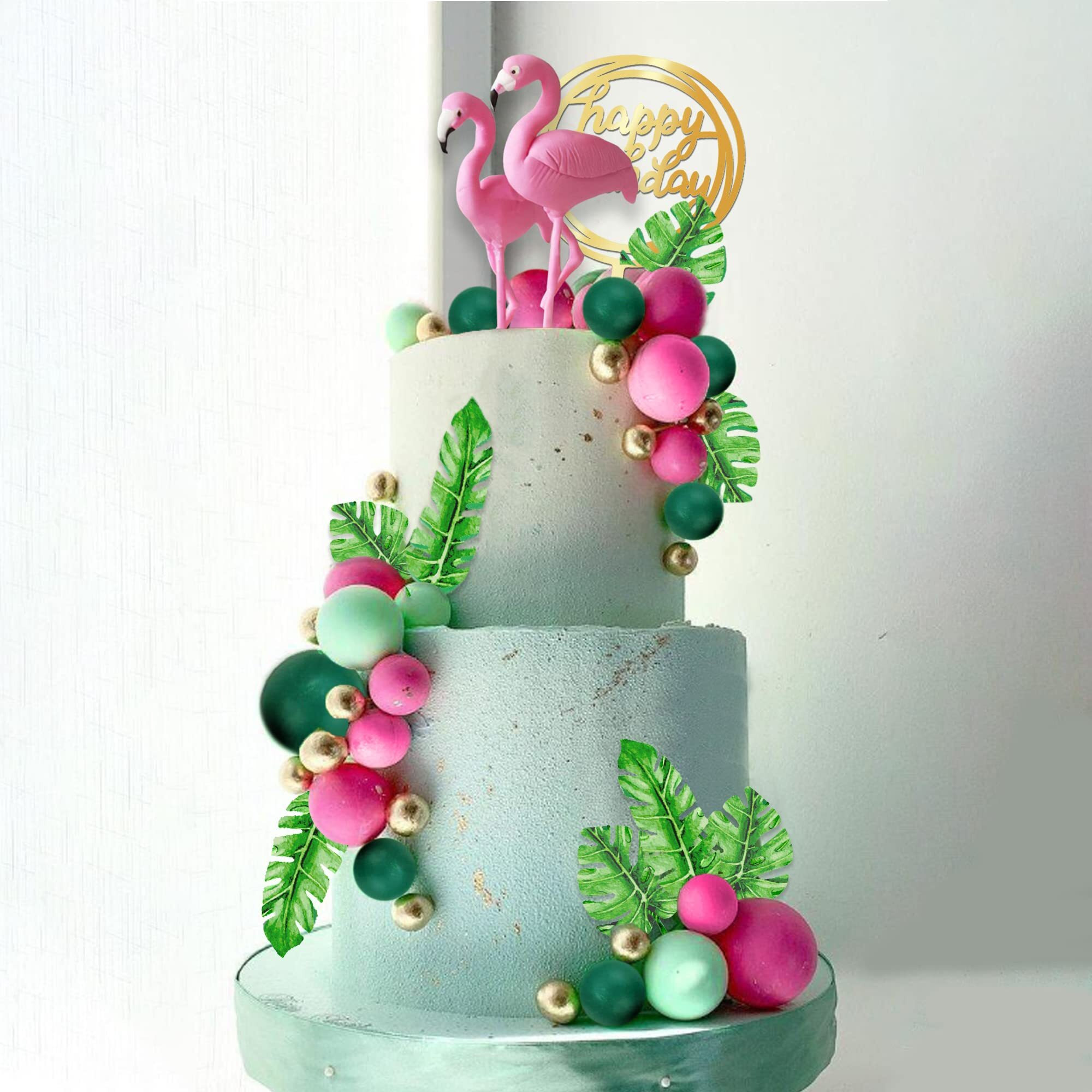 Flamingo Cake Toppers Summer Cake Decorations With Palm Leaf Cake Toppers Green Hot Pink Pearl Ball Cake Toppers For Tropical Hawaiian Beach Luau Themed Party Supplies (Style 2)