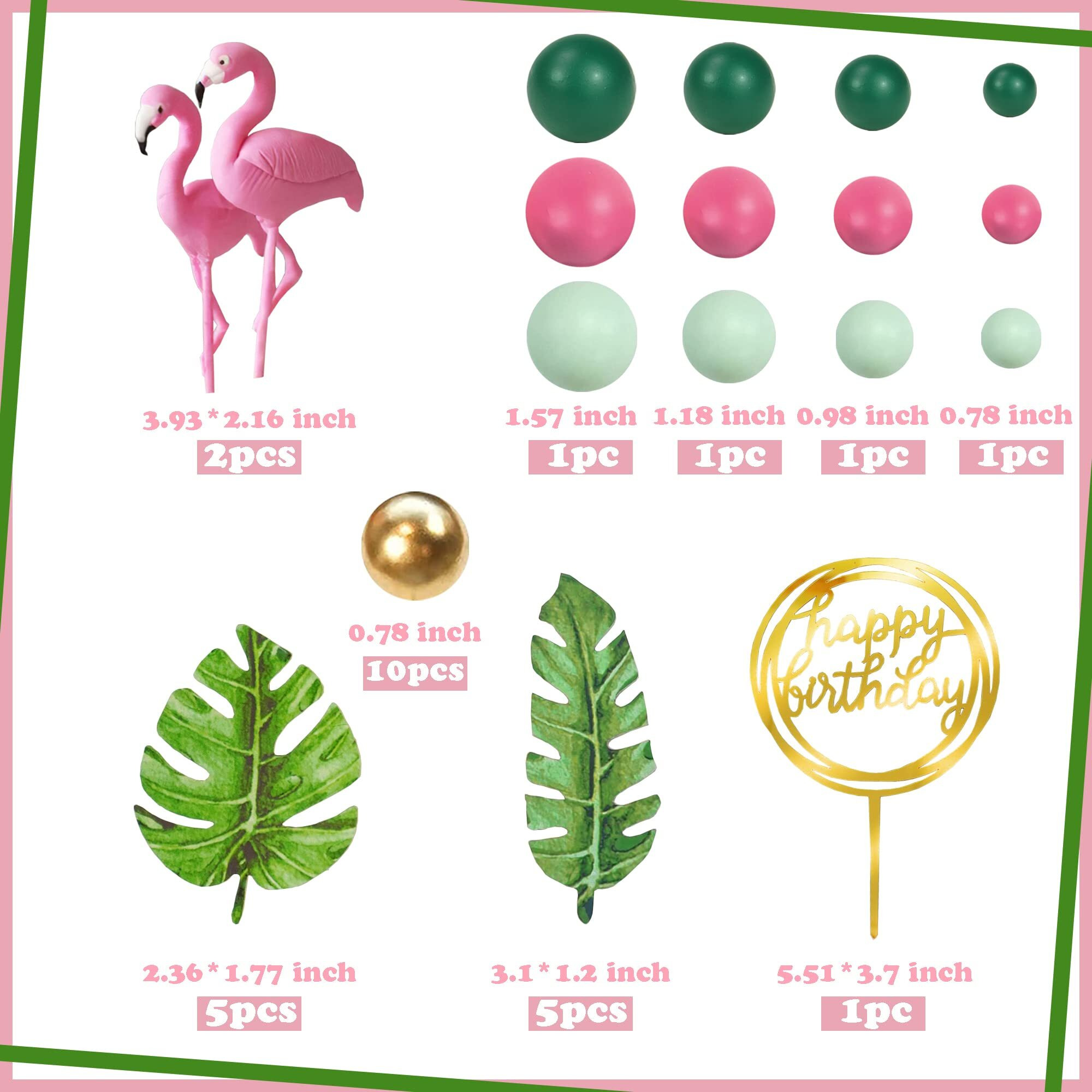 Flamingo Cake Toppers Summer Cake Decorations With Palm Leaf Cake Toppers Green Hot Pink Pearl Ball Cake Toppers For Tropical Hawaiian Beach Luau Themed Party Supplies (Style 2)