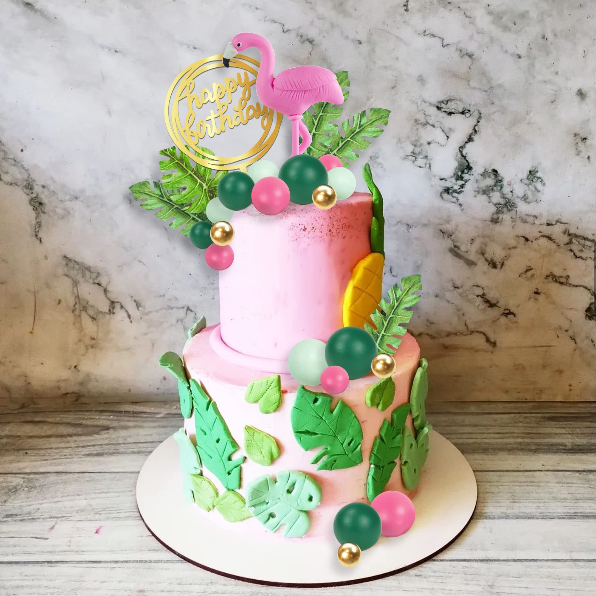 Flamingo Cake Toppers Summer Cake Decorations With Palm Leaf Cake Toppers Green Hot Pink Pearl Ball Cake Toppers For Tropical Hawaiian Beach Luau Themed Party Supplies (Style 2)