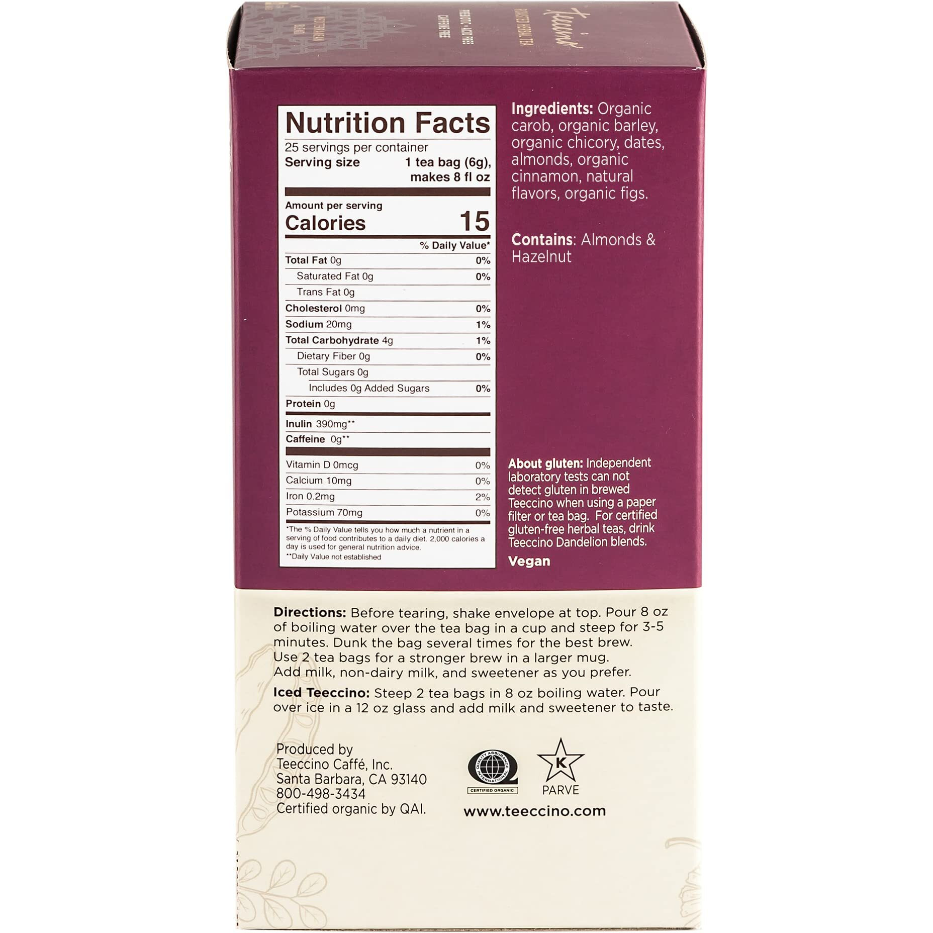 Teeccino Snickerdoodle Herbal Tea - Dessert Beverage Thats Prebiotic, Caffeine-Free & Acid Free, 25 Tea Bags