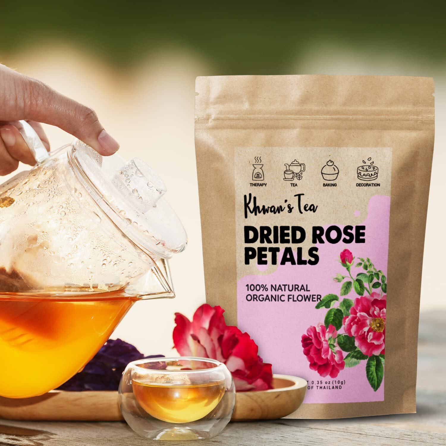 Khwan's Tea Premium Dried Rose Petals - Plant-Based & Edible Flowers For Baking Decoration, Desserts, Syrup, Diy Crafts, Candle, Bath & Fragrant Soap - Herbal Tea, 0.35Oz (10G)