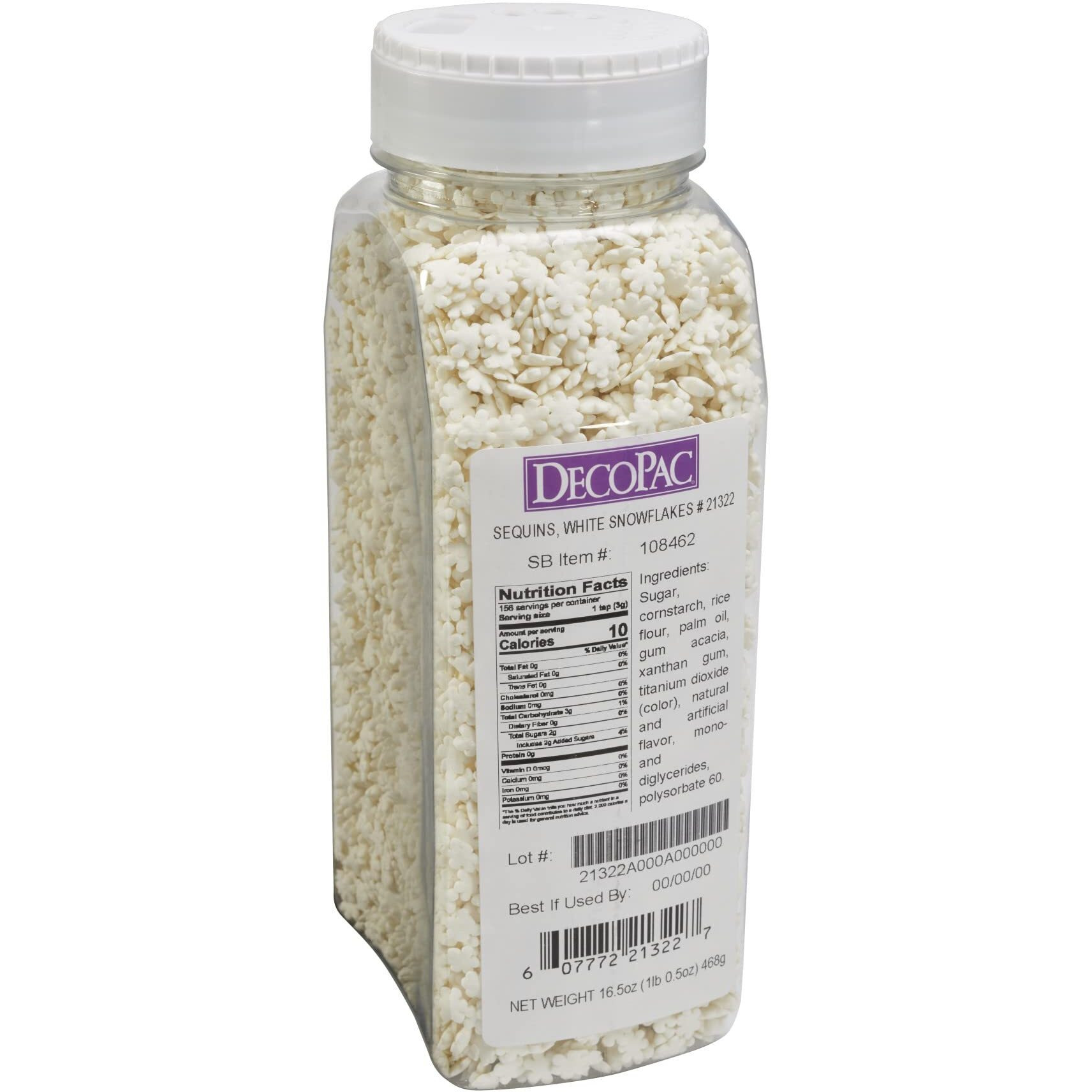 Decopac White Snowflake Quins, 16.5Oz, Fancy Sprinkles Shaped Like Snowflakes, Candy Sprinkles In Handheld Container, Edible Sprinkles For Celebration Cakes, Cupcakes, Cookies 1.03 Pound (Pack Of 1)