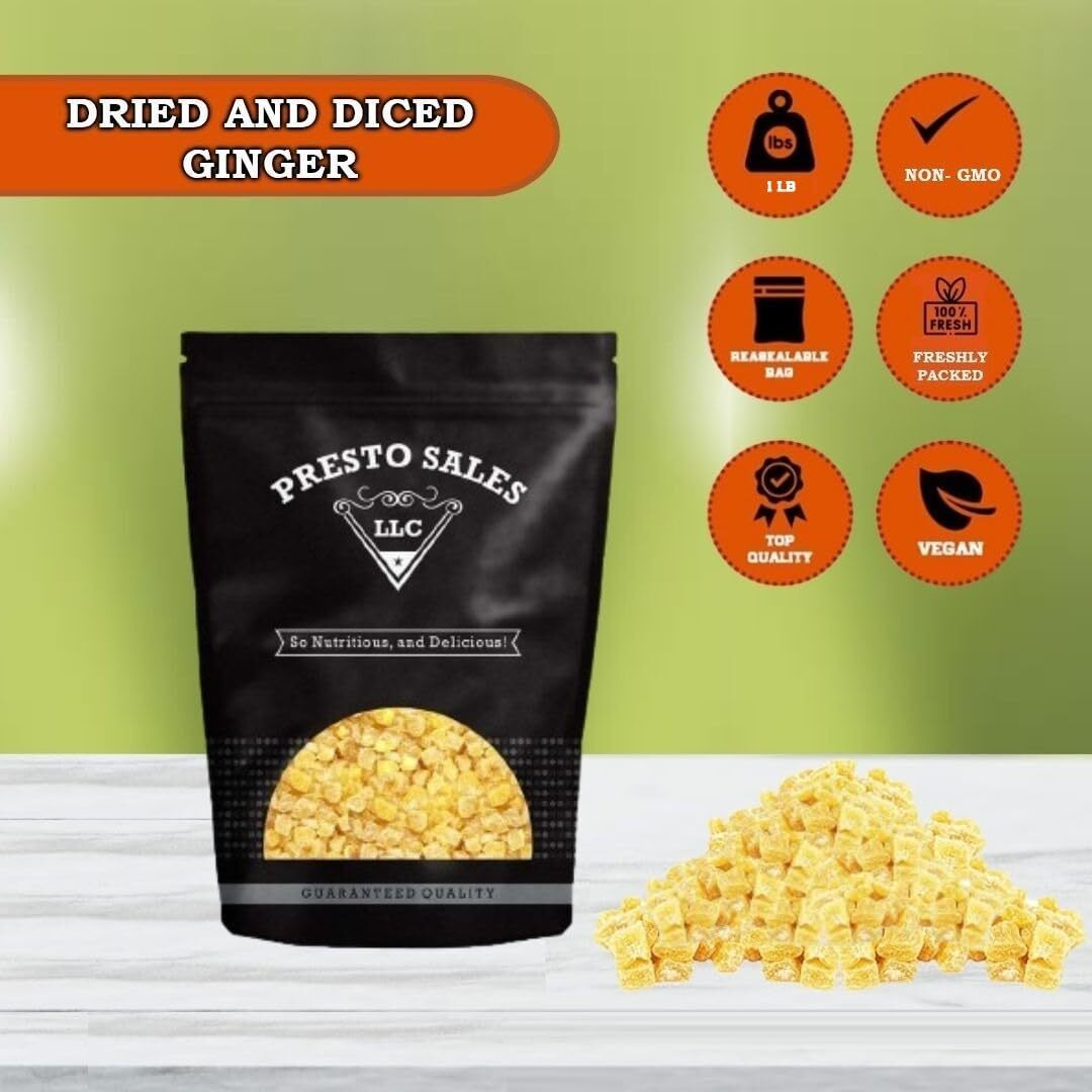 Presto Sales Crystallized Ginger Pieces 16 Oz | Unsulphured Dried Candied Ginger 3-5 Mm Pieces | All Natural, Non-Gmo | Resealable 1 Lb Pouch Bag