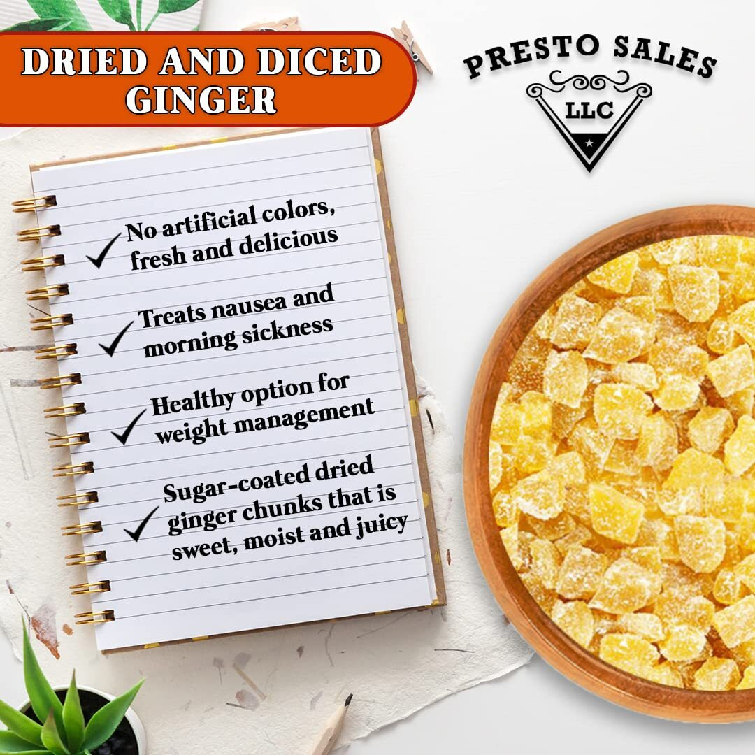 Presto Sales Crystallized Ginger Pieces 16 Oz | Unsulphured Dried Candied Ginger 3-5 Mm Pieces | All Natural, Non-Gmo | Resealable 1 Lb Pouch Bag