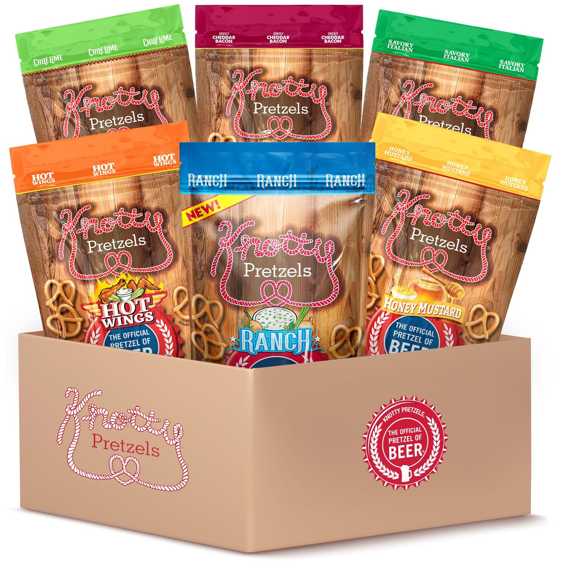 Knotty Pretzels - "&quotThe Official Pretzel Of Beer"" 7.5 Ounce Pretzel In Resealable Snacks Bags - Variety Pack (6 Pack)