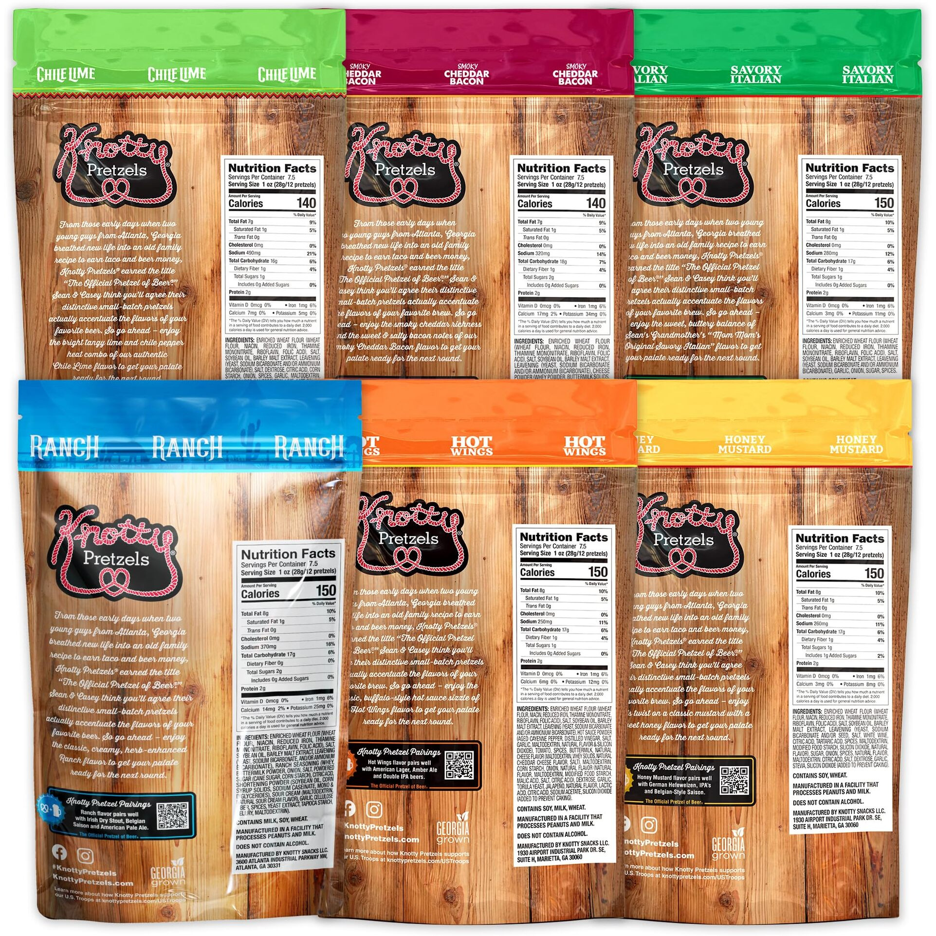 Knotty Pretzels - "&quotThe Official Pretzel Of Beer"" 7.5 Ounce Pretzel In Resealable Snacks Bags - Variety Pack (6 Pack)