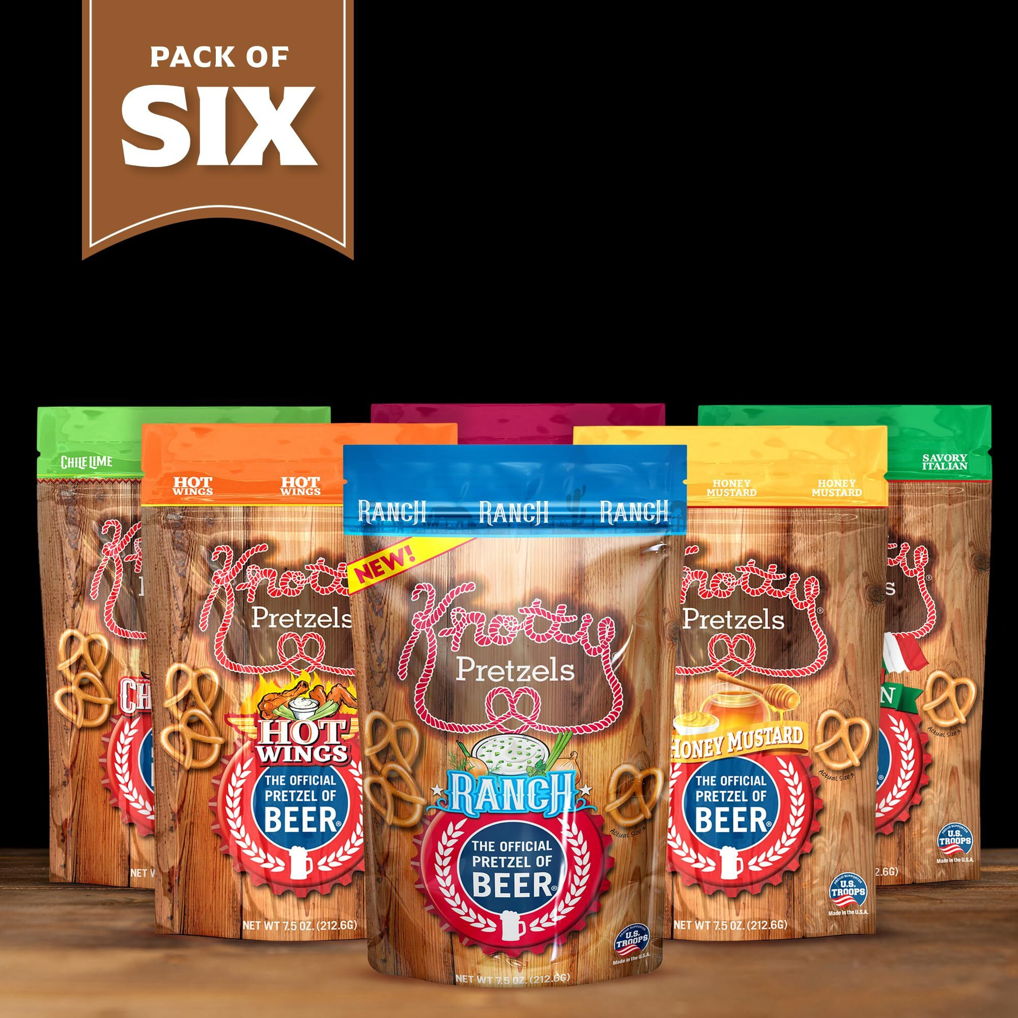 Knotty Pretzels - "&quotThe Official Pretzel Of Beer"" 7.5 Ounce Pretzel In Resealable Snacks Bags - Variety Pack (6 Pack)