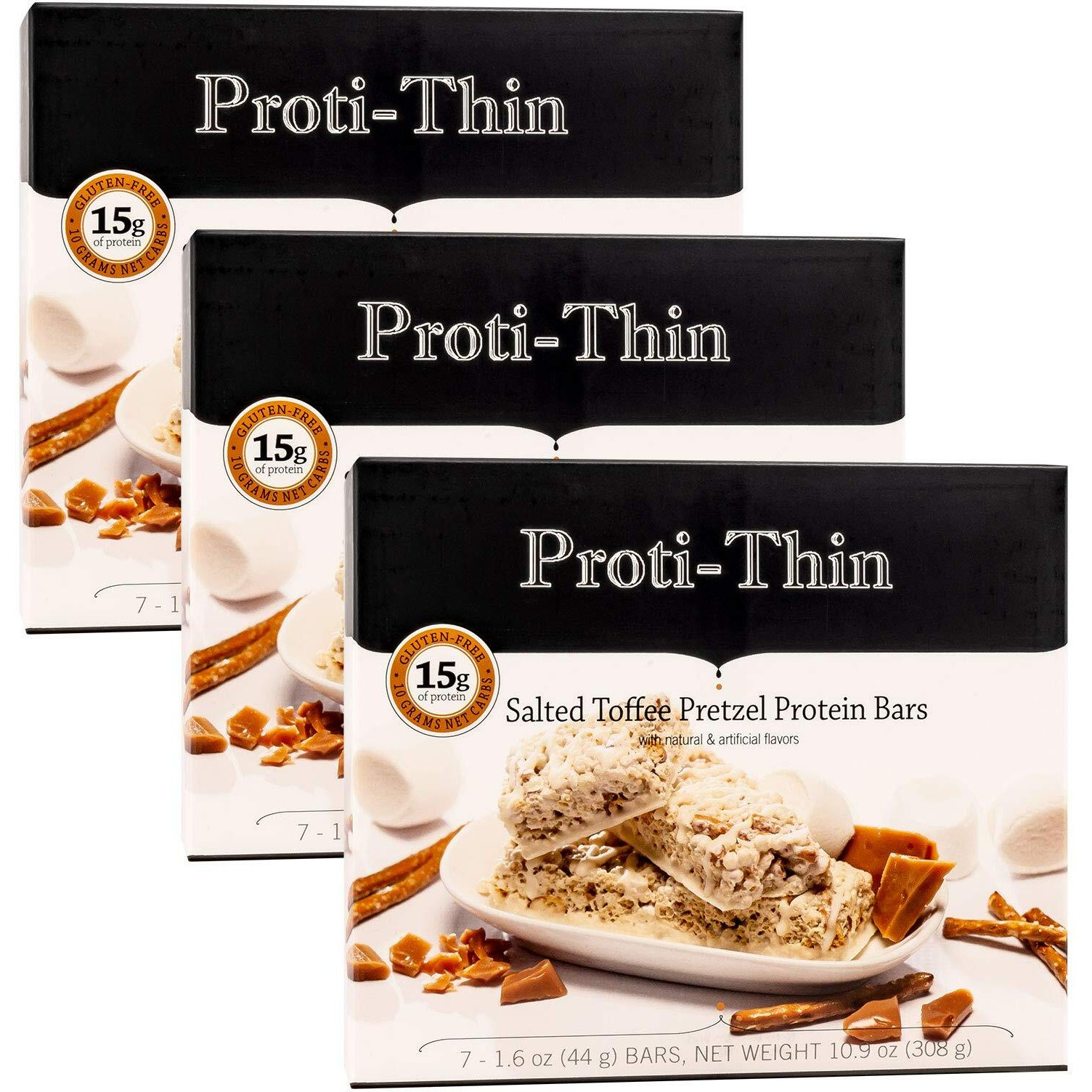 Proti-Thin Salted Toffee Pretzel Protein Bars, 15G Protein, Low Calorie, Very Low Carb (Vlc), Low Fat, High Fiber Snack, Keto Diet Friendly, Ideal Protein Compatible, Gluten Free (3 Boxes - Save 5%)