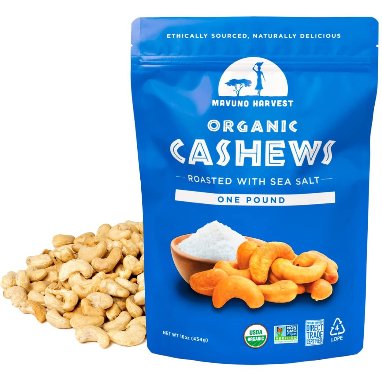 Mavuno Harvest Organic Roasted Cashews With Sea Salt | Dry Roasted Whole Cashew Nuts | Vegan, Non Gmo Healthy Snacks For Kids And Adults | Office Friendly Work Snack | 16 Ounce, Pack Of 1
