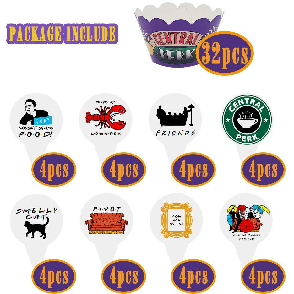 64 Pcs Cupcake Toppers And Wrappers For Friends Tv Show Themed Set (32 Of Each), Cute Party Supplies For Friends Themed Birthday Party Or Bridal Shower Decoration