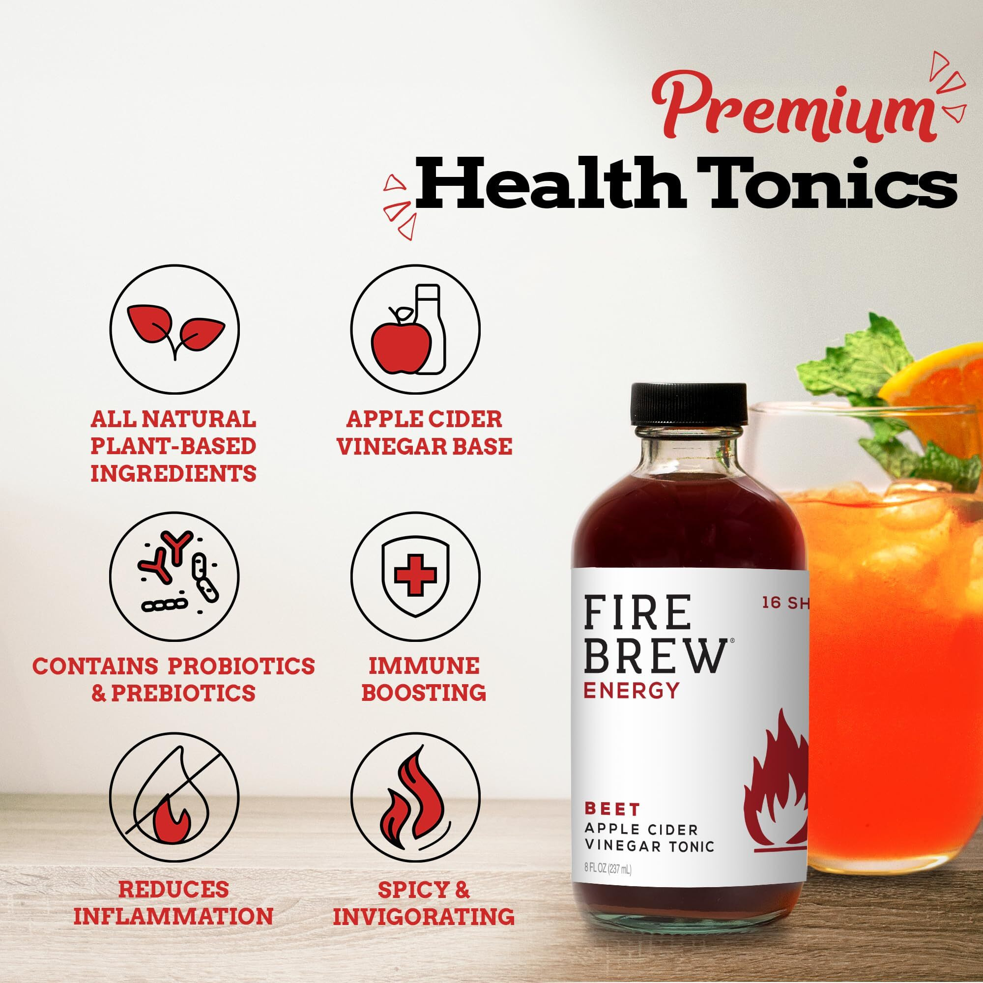 Fire Brew Energy - Beet Apple Cider Vinegar Wellness Tonic | 16 Concentrated Shots Of Healthiest Organic Ingredients To Energize And Boost Your Stamina With Antioxidants For Heart & Blood Health - 8Oz