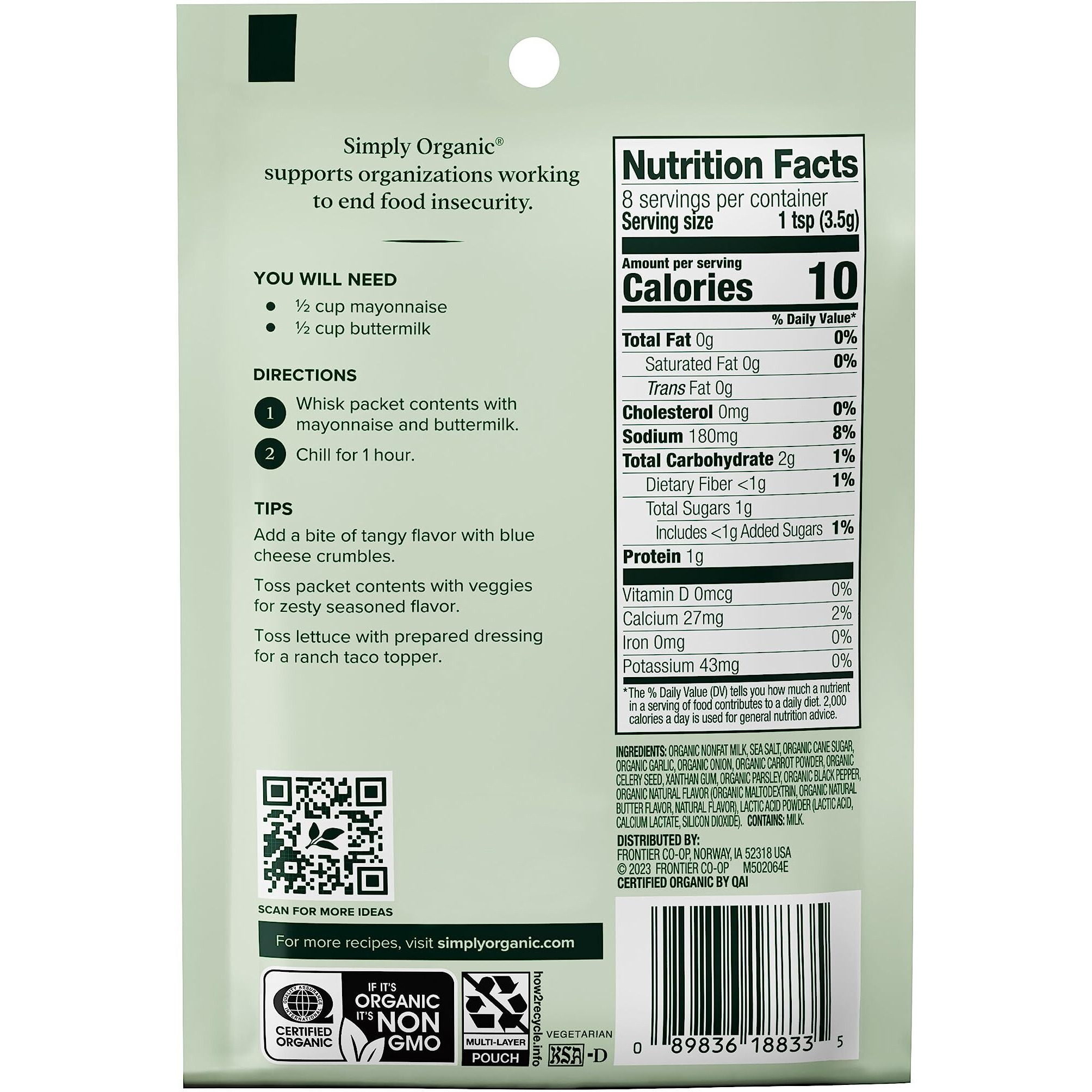 Simply Organic Ranch, Certified Organic, Gluten-Free | 1 Oz | Pack Of 12